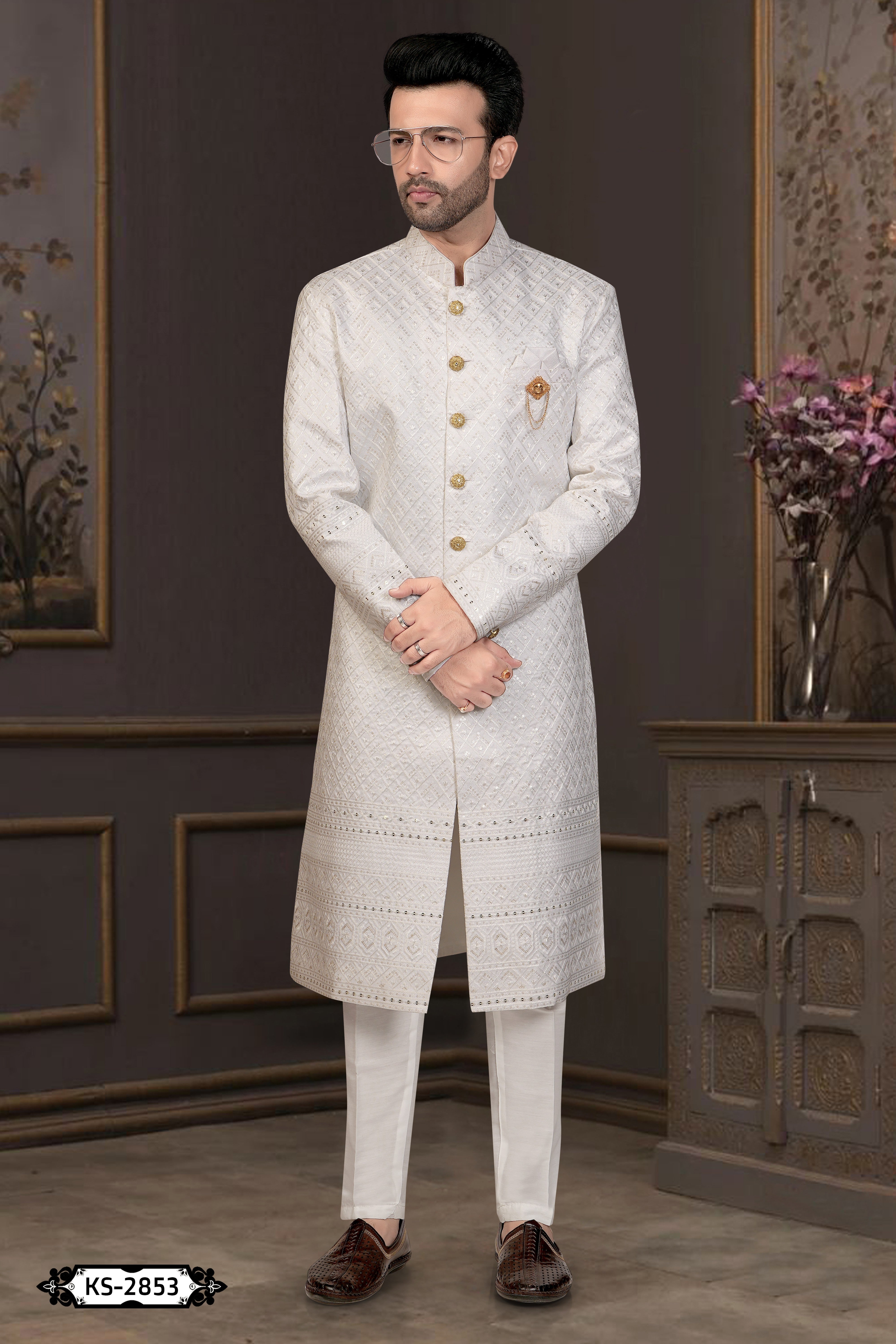 WHITE SHERWANI SET WITH HEAVY PANEL & THREAD EMBROIDERY ALL-OVER