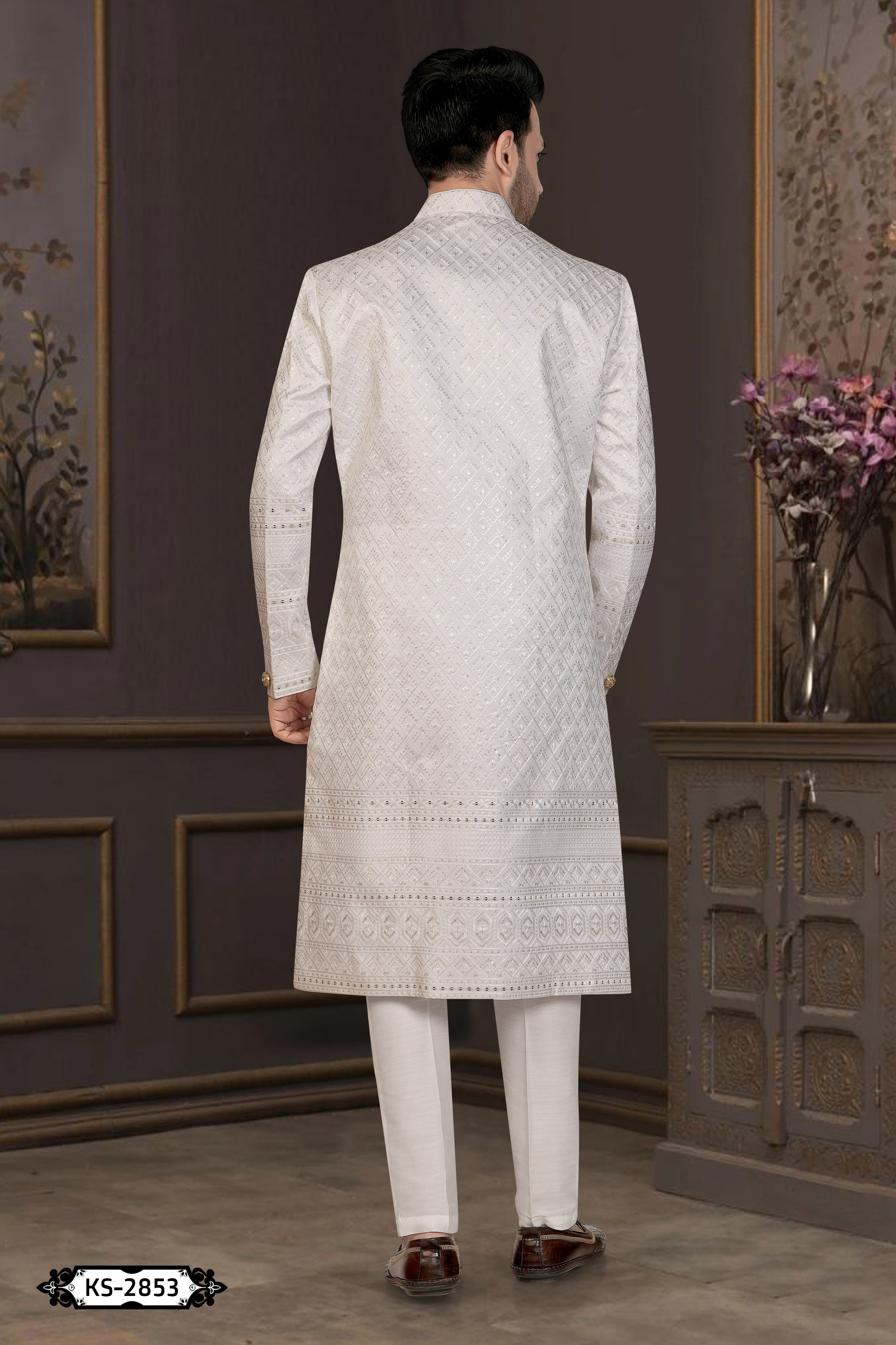 WHITE SHERWANI SET WITH HEAVY PANEL & THREAD EMBROIDERY ALL-OVER