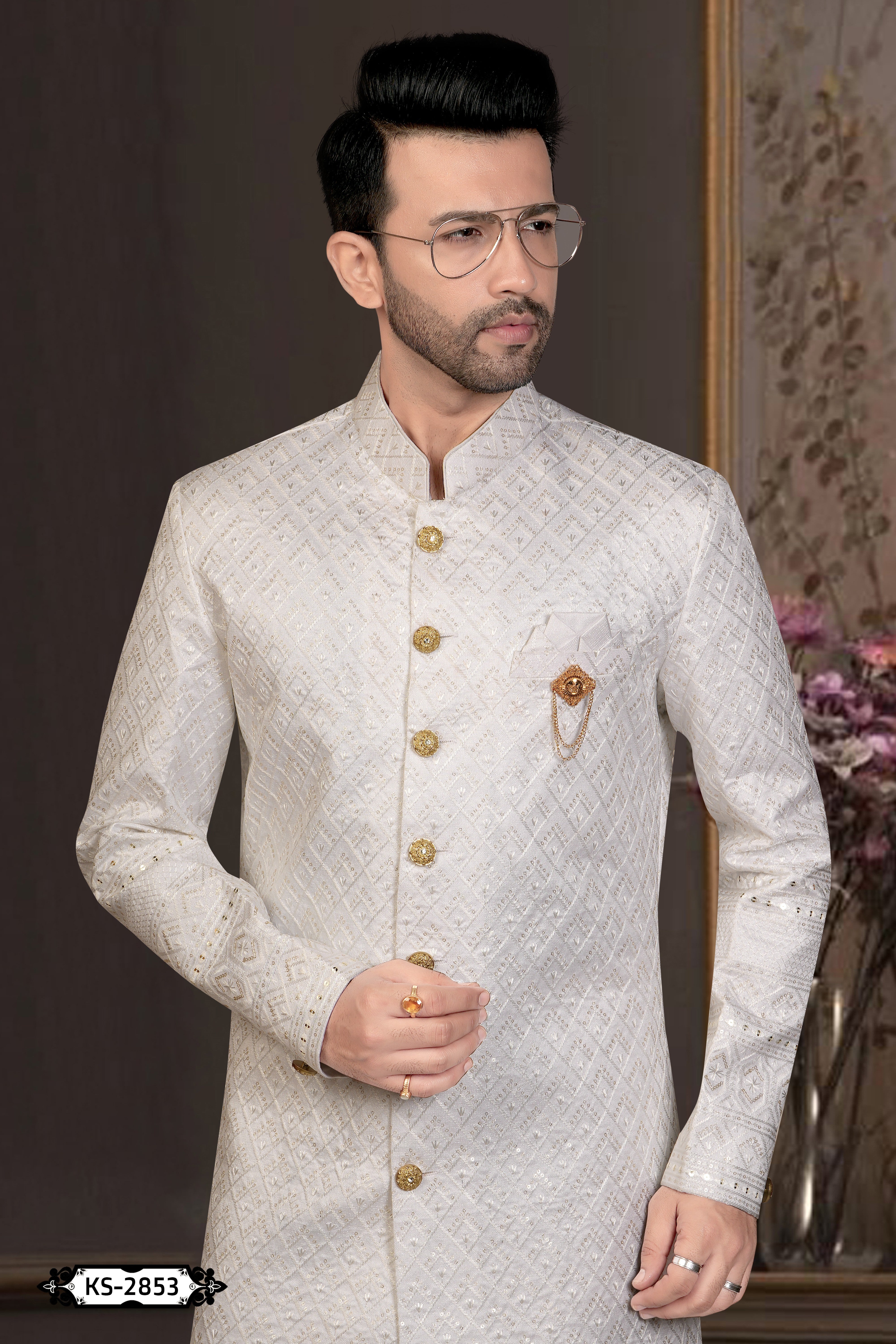 WHITE SHERWANI SET WITH HEAVY PANEL & THREAD EMBROIDERY ALL-OVER