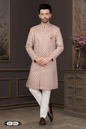 ONION-PINK TONE INDO-WESTERN SET WITH SELF-DESIGN