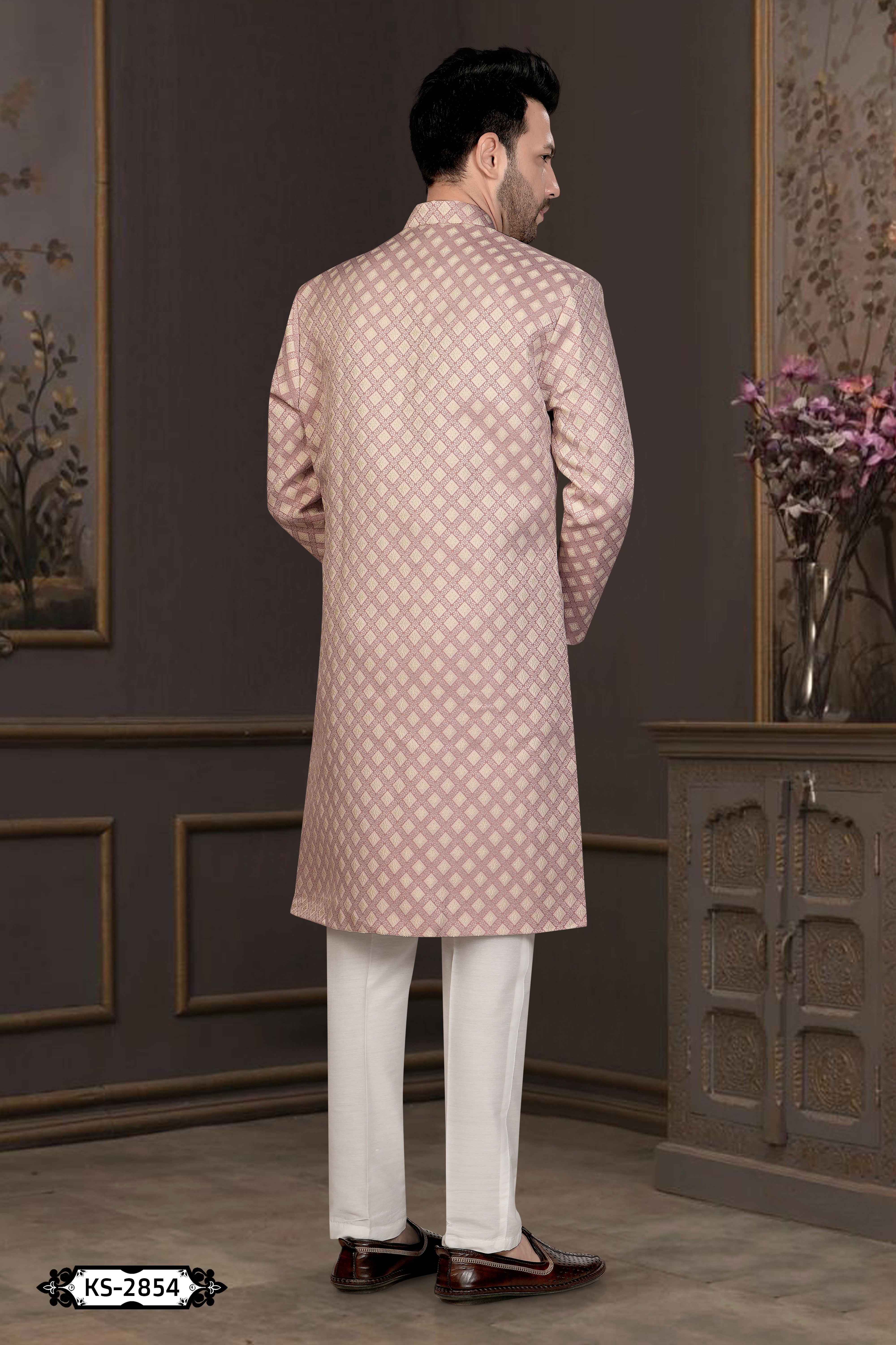 ONION-PINK TONE INDO-WESTERN SET WITH SELF-DESIGN
