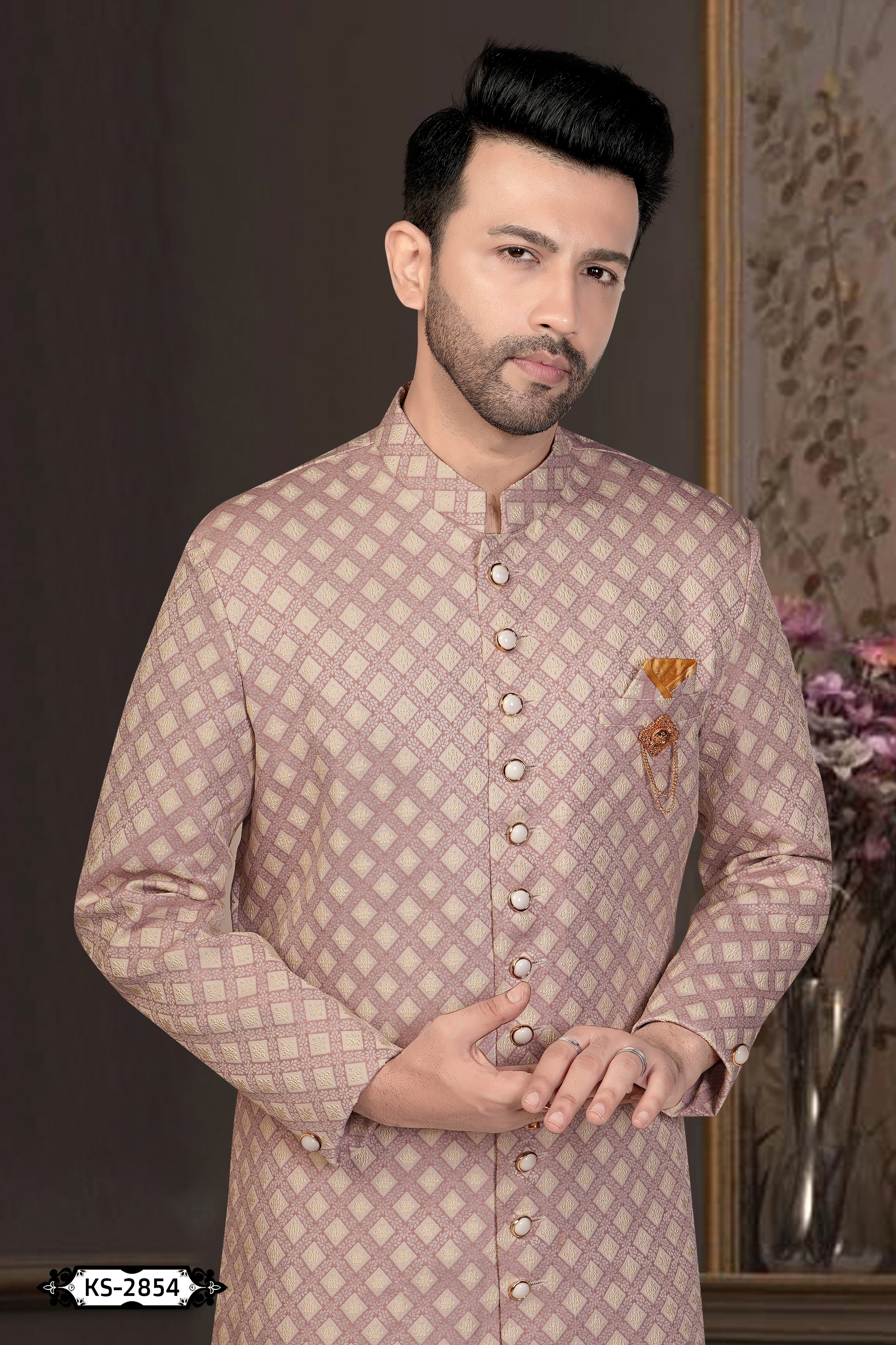 ONION-PINK TONE INDO-WESTERN SET WITH SELF-DESIGN
