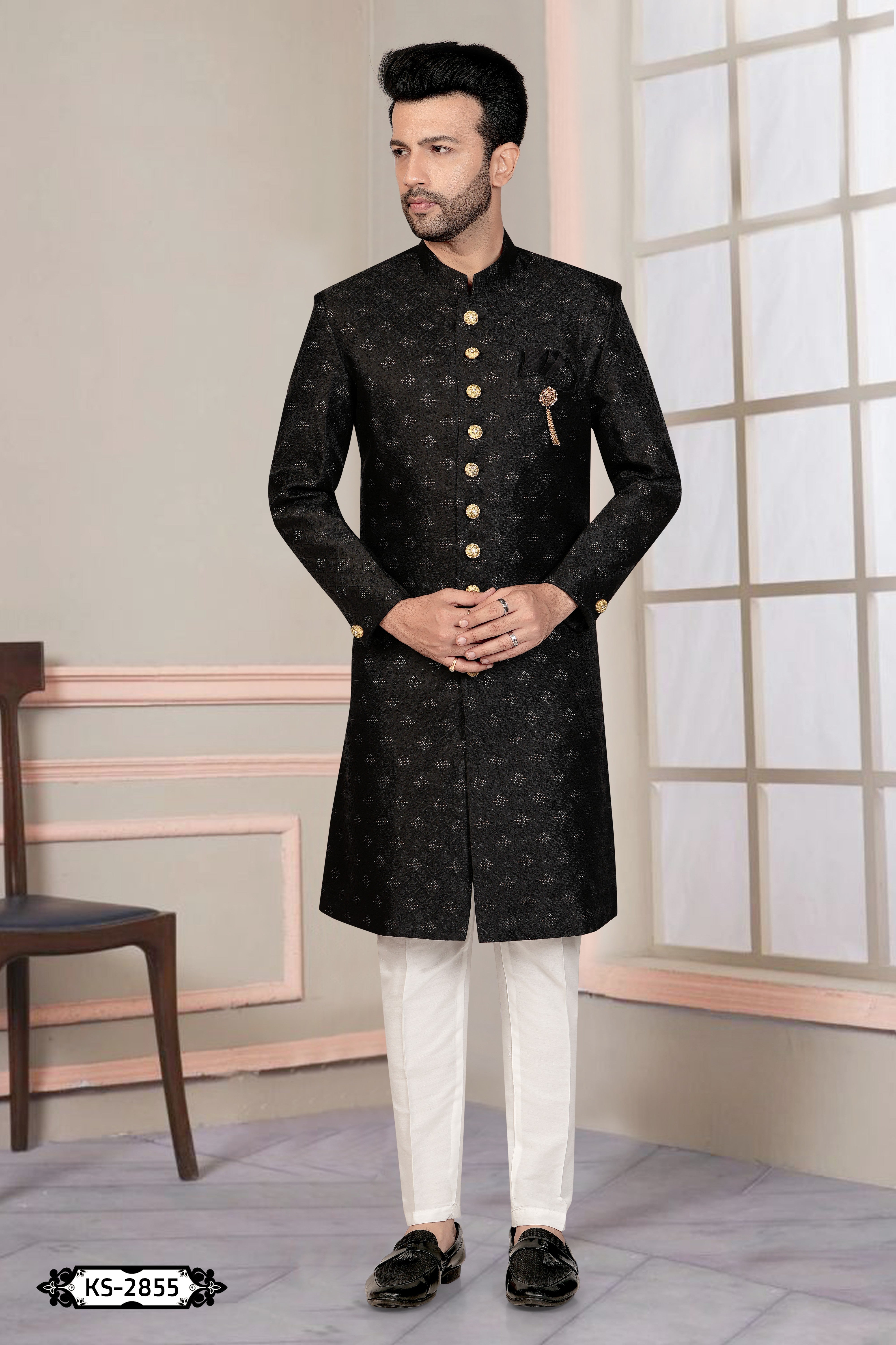 BLACK HUE INDO-WESTERN SET WITH SELF-DESIGN