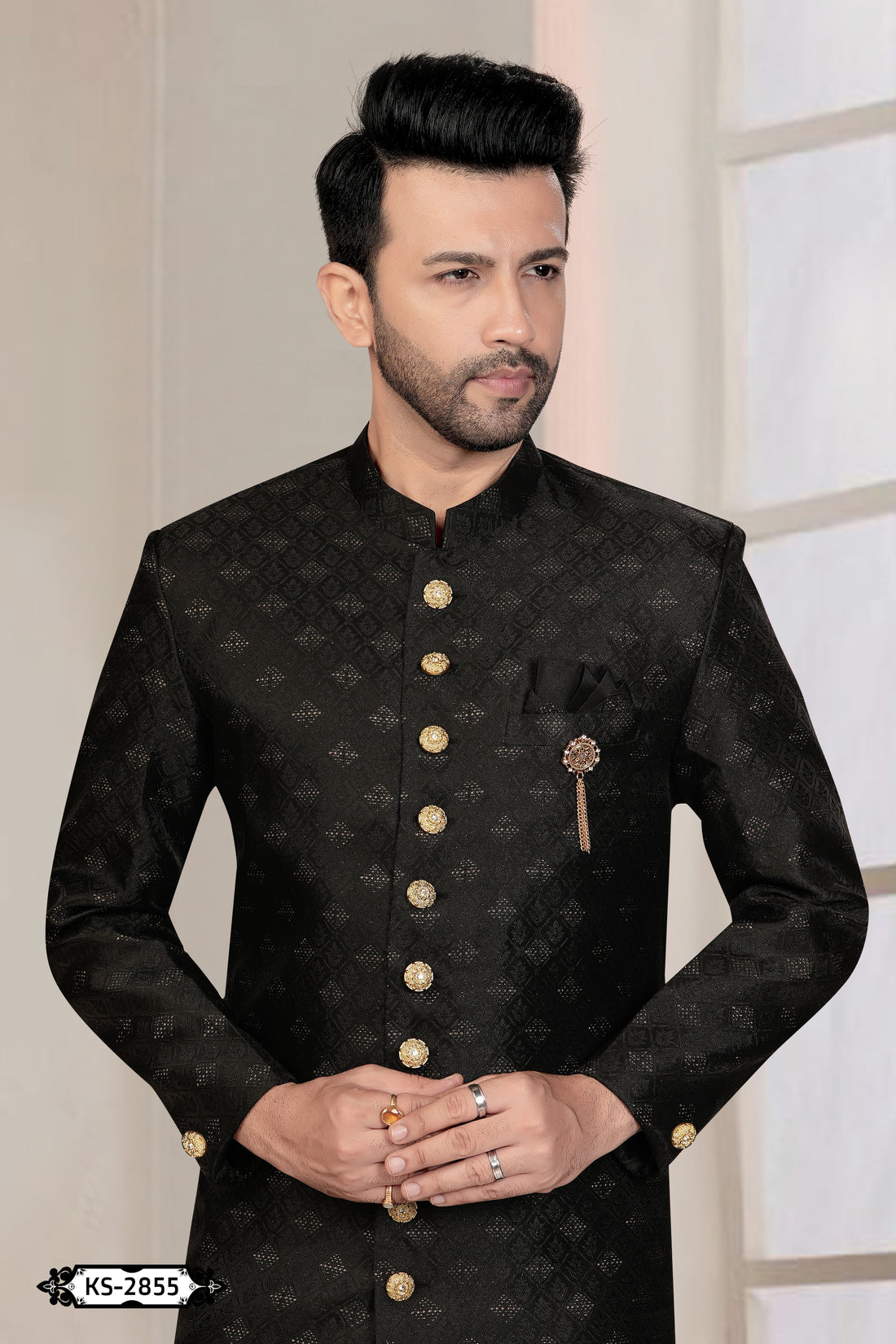 BLACK HUE INDO-WESTERN SET WITH SELF-DESIGN