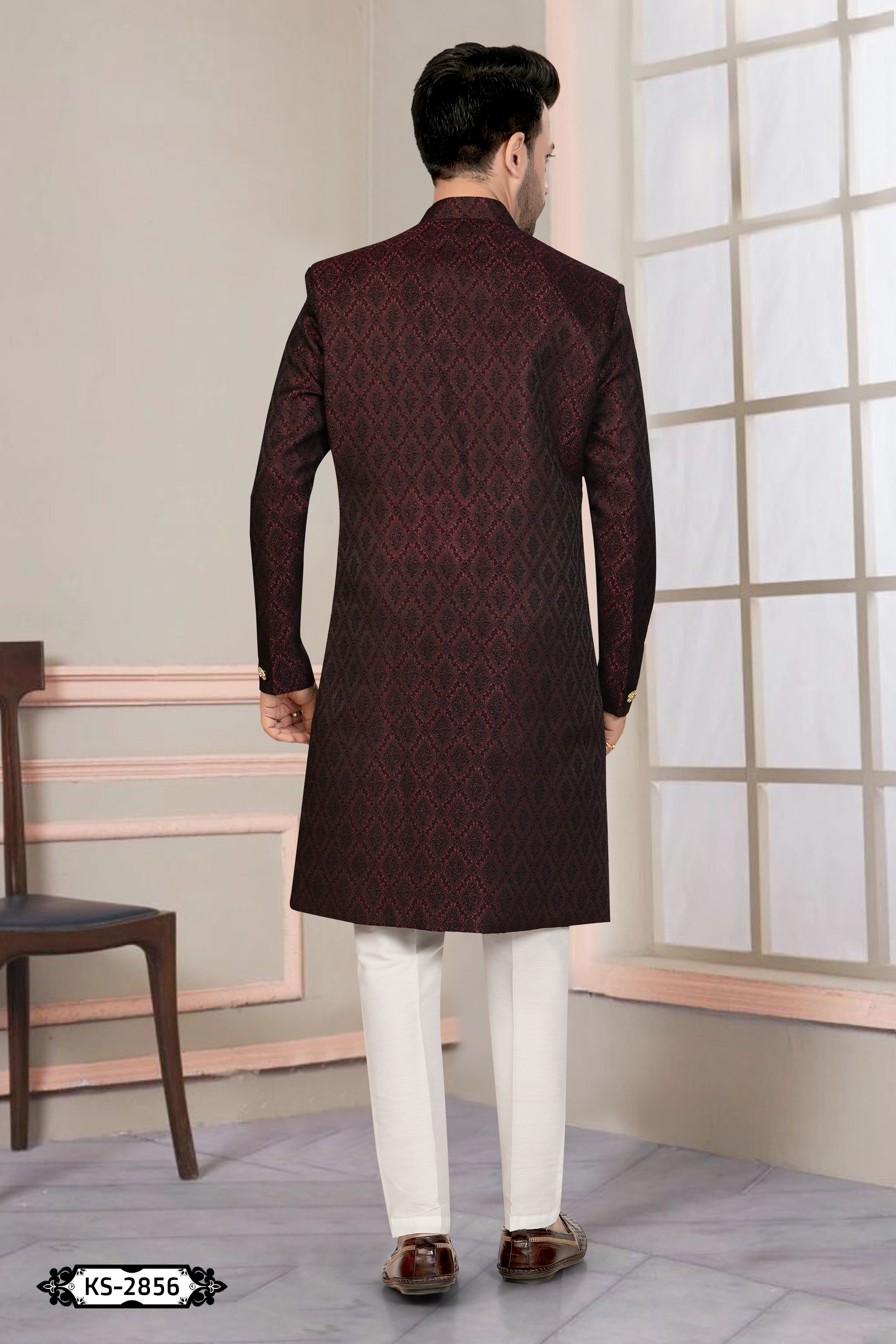 MAROON TONE INDO-WESTERN SET WITH SELF-DESIGN