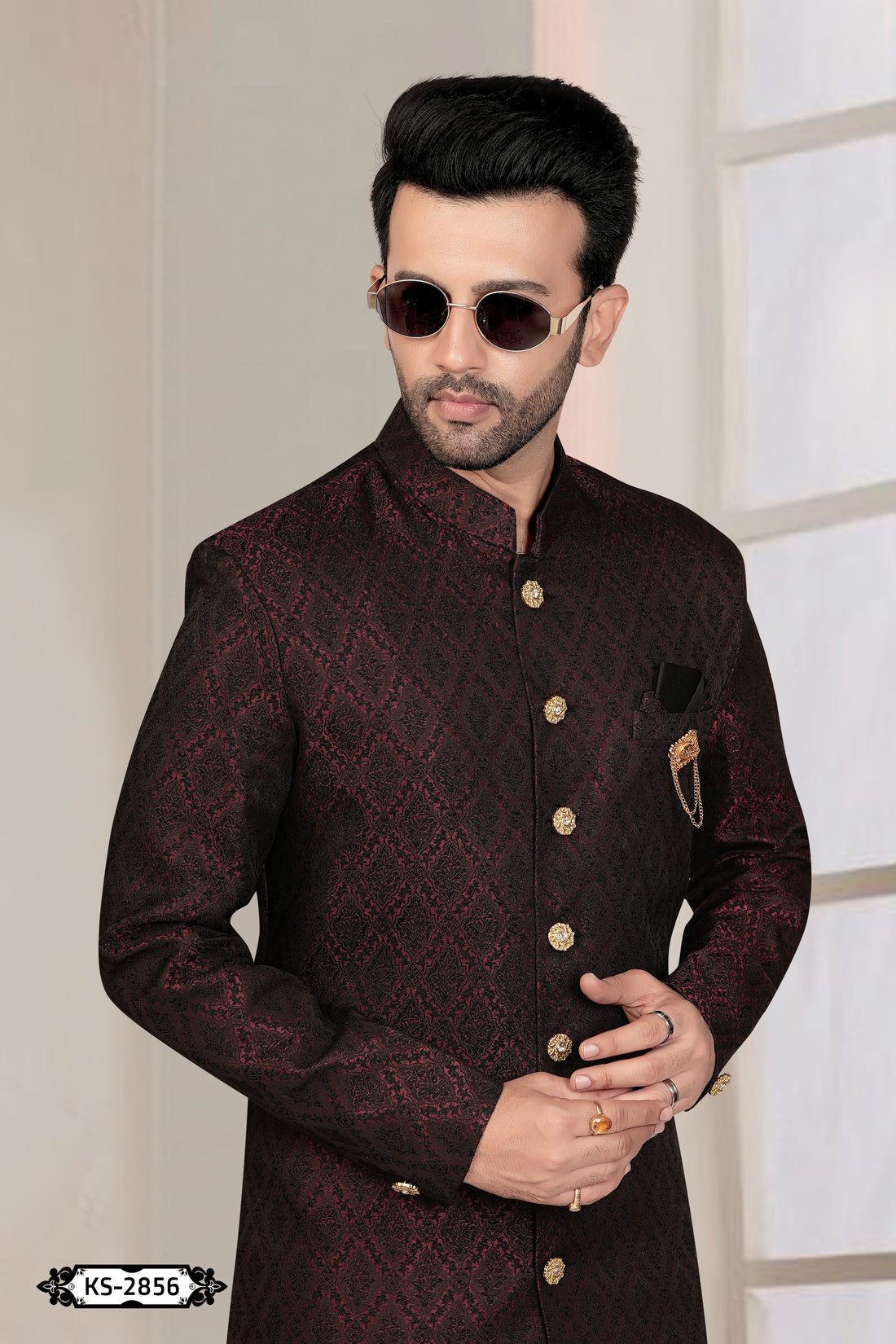 MAROON TONE INDO-WESTERN SET WITH SELF-DESIGN