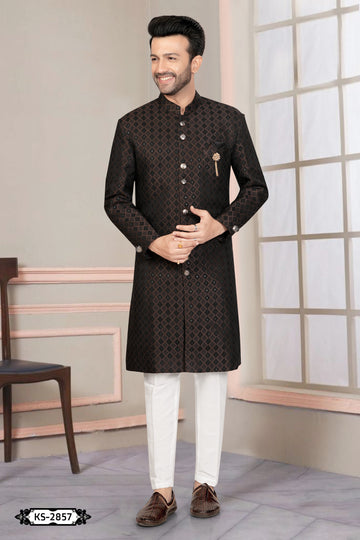 BROWN & BLACK HUE INDO-WESTERN SET WITH SELF-DESIGN