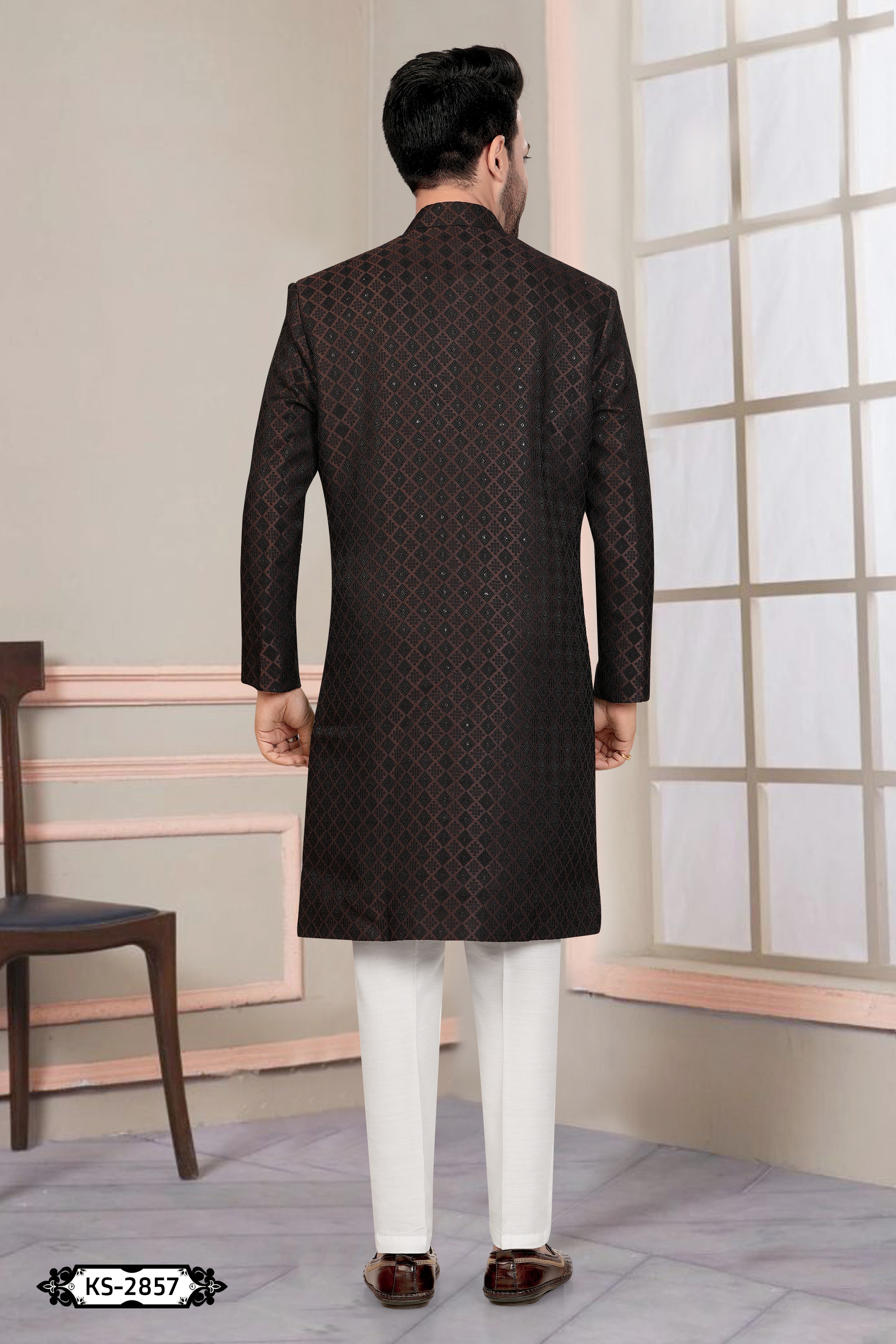 BROWN & BLACK HUE INDO-WESTERN SET WITH SELF-DESIGN