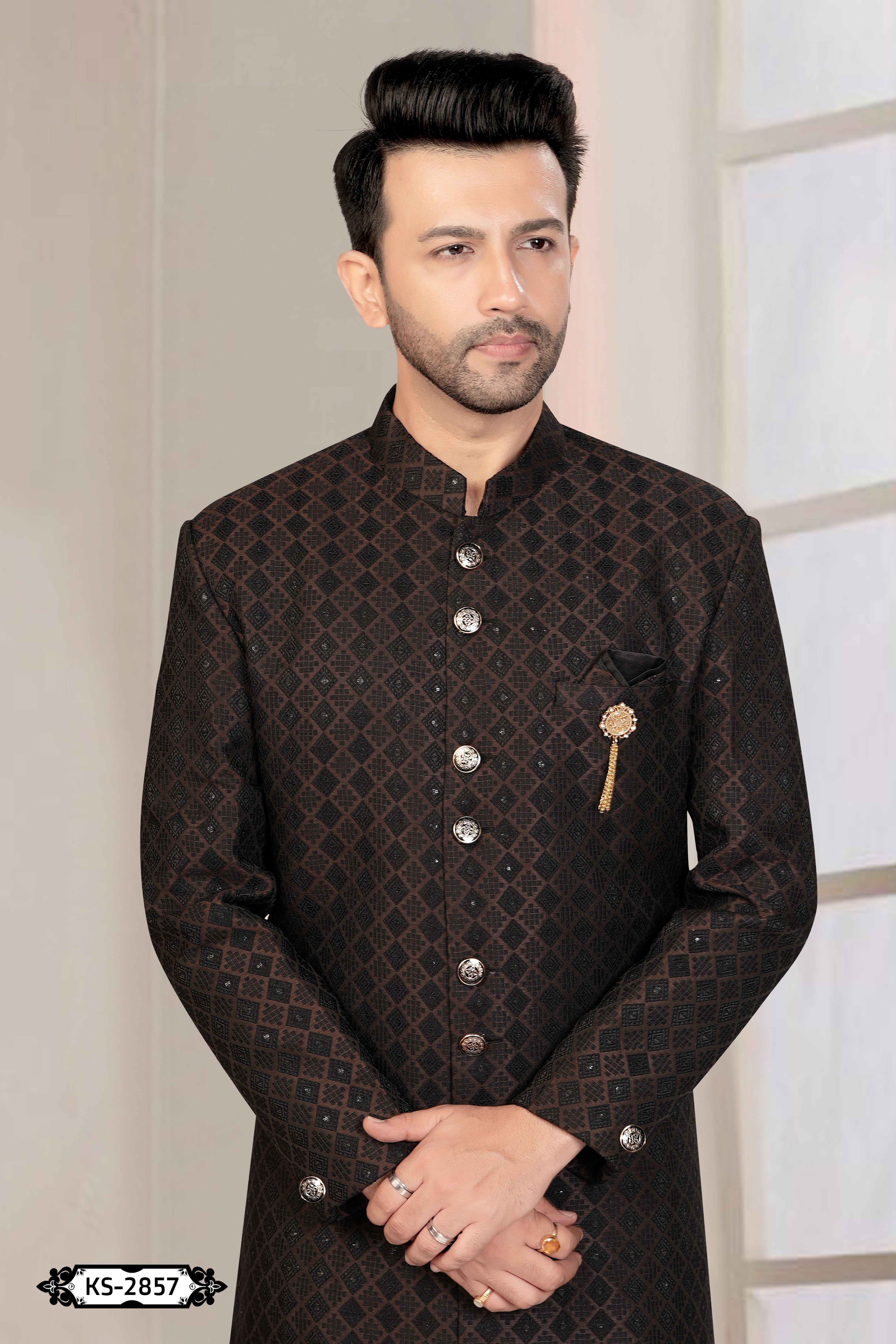 BROWN & BLACK HUE INDO-WESTERN SET WITH SELF-DESIGN