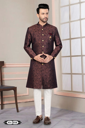 RUST ( BLUE-BASE ) TONE INDO-WESTERN SET WITH SELF-DESIGN