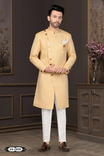 UNIQUE STYLE INDO-WESTERN SET IN YELLOW TONE WITH SELF-DESIGN
