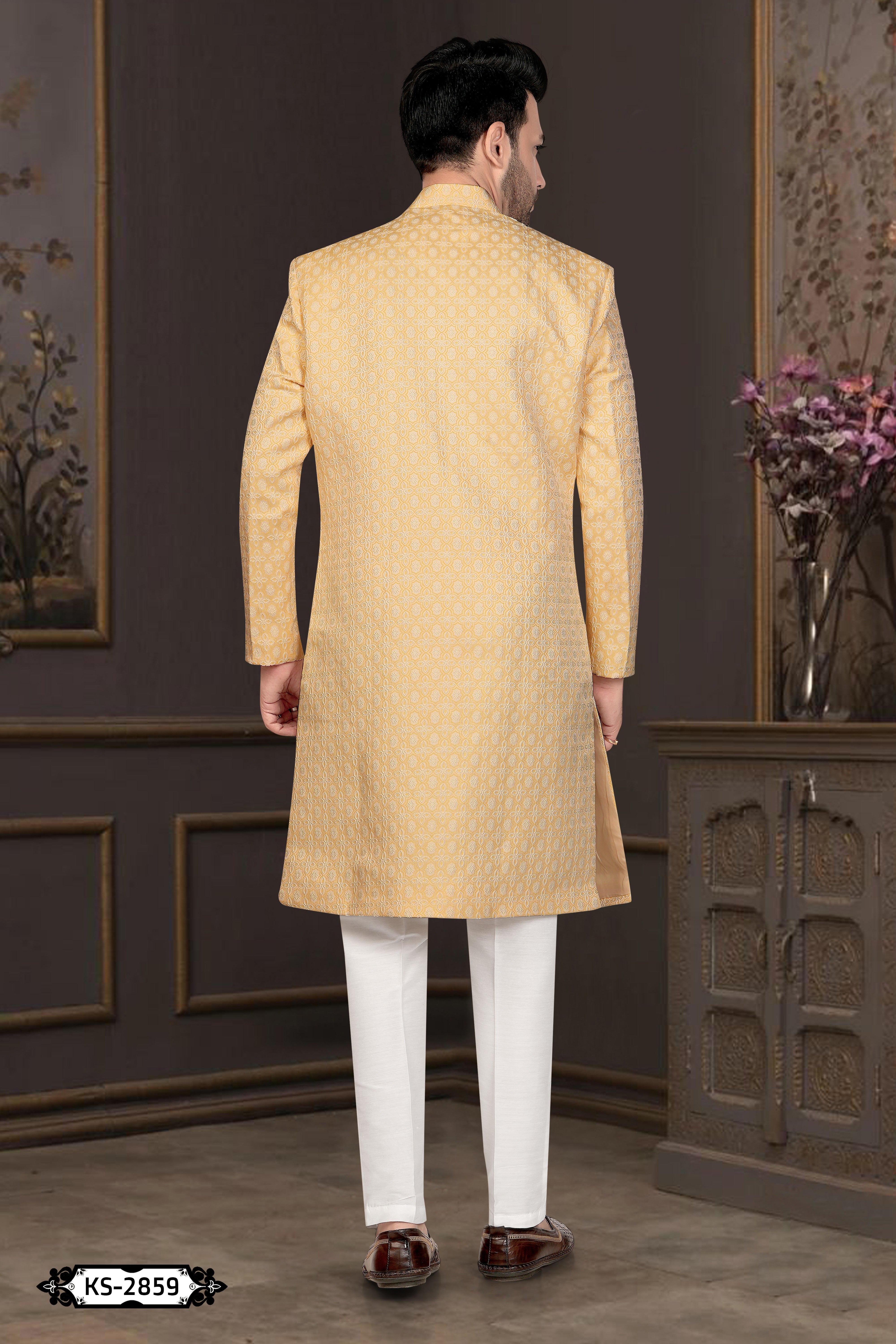 UNIQUE STYLE INDO-WESTERN SET IN YELLOW TONE WITH SELF-DESIGN