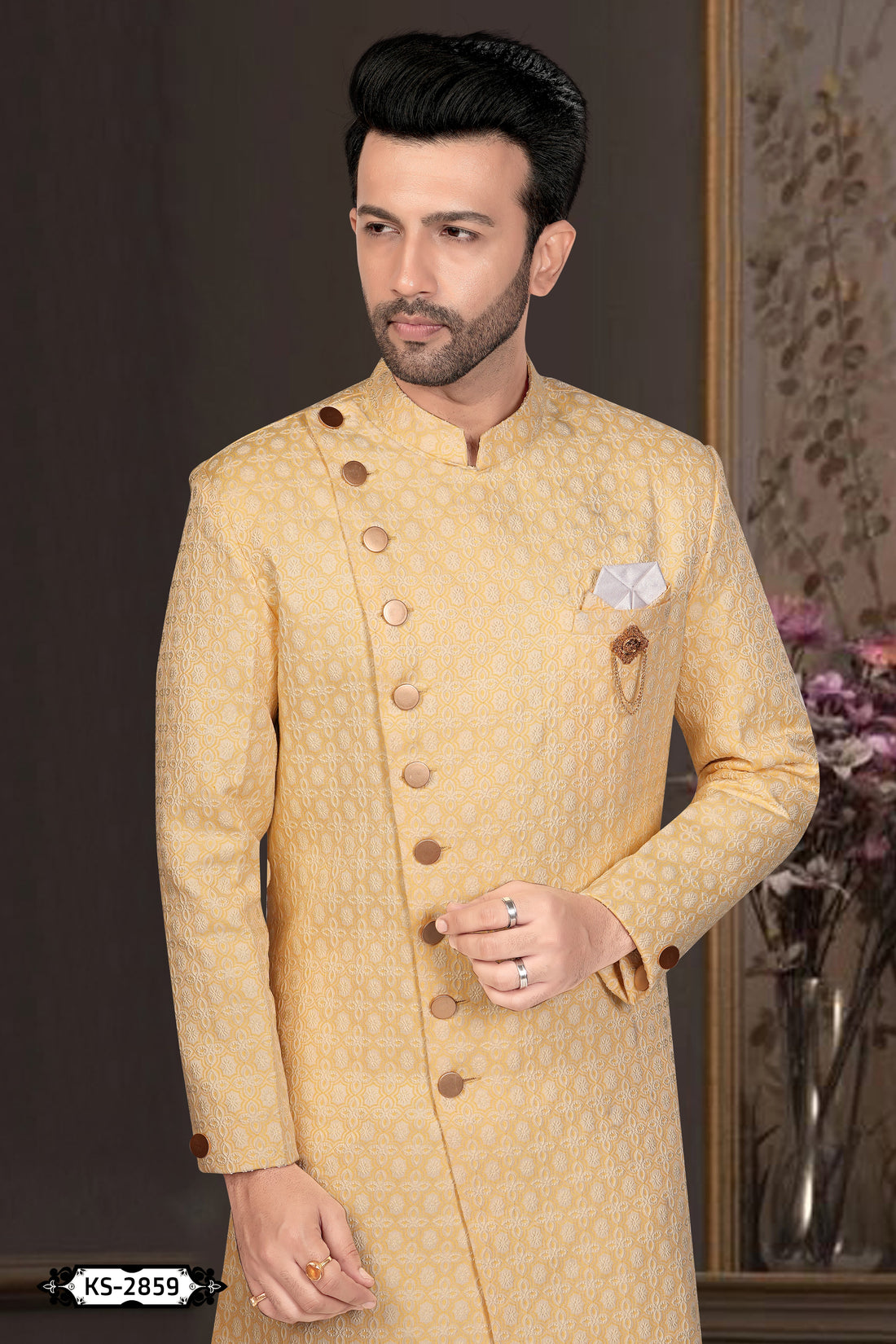 UNIQUE STYLE INDO-WESTERN SET IN YELLOW TONE WITH SELF-DESIGN