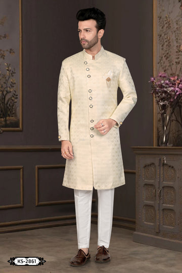 UNIQUE PATTERN CREAM TONE INDO-WESTERN SET WITH SELF-DESIGN