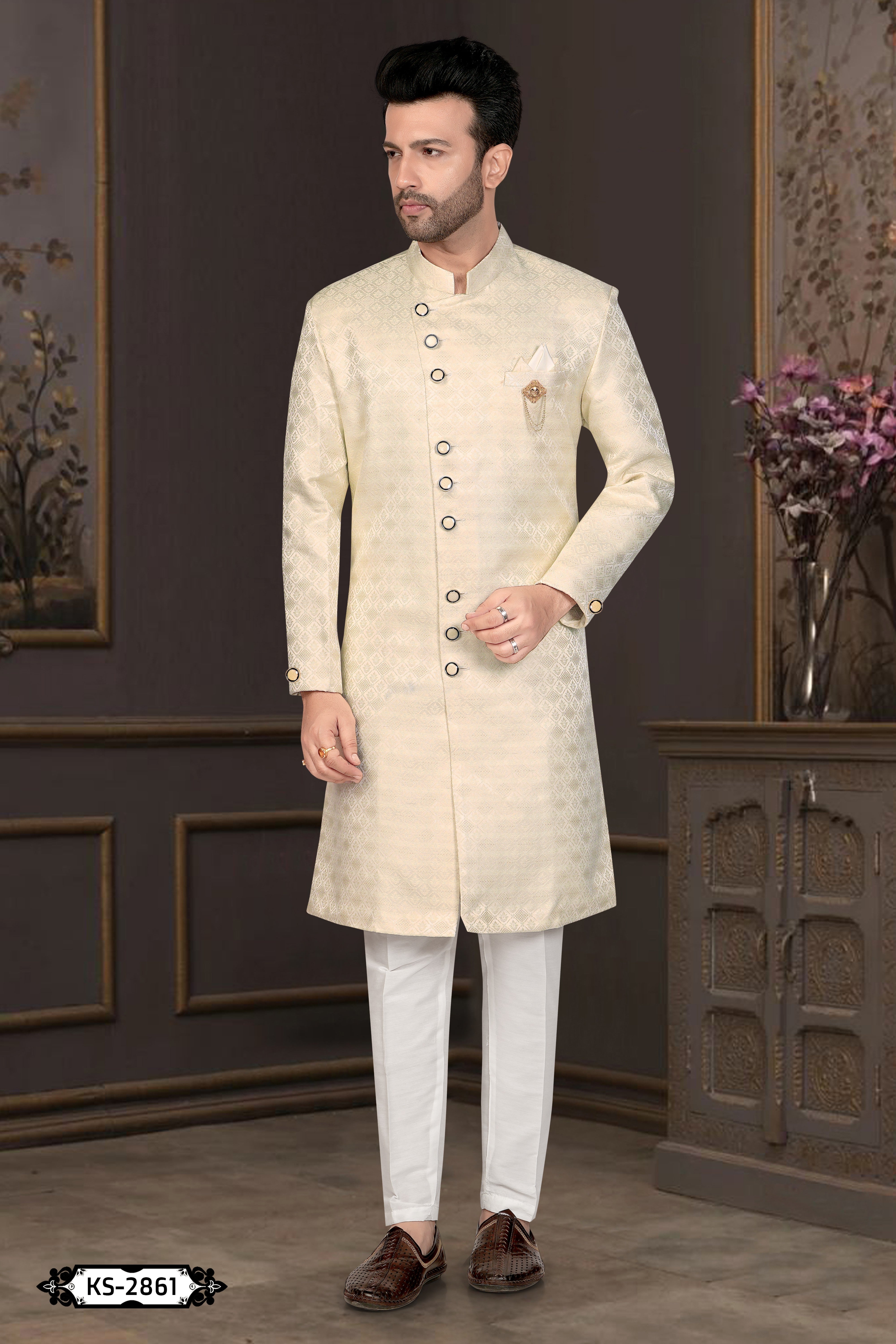 UNIQUE PATTERN CREAM TONE INDO-WESTERN SET WITH SELF-DESIGN