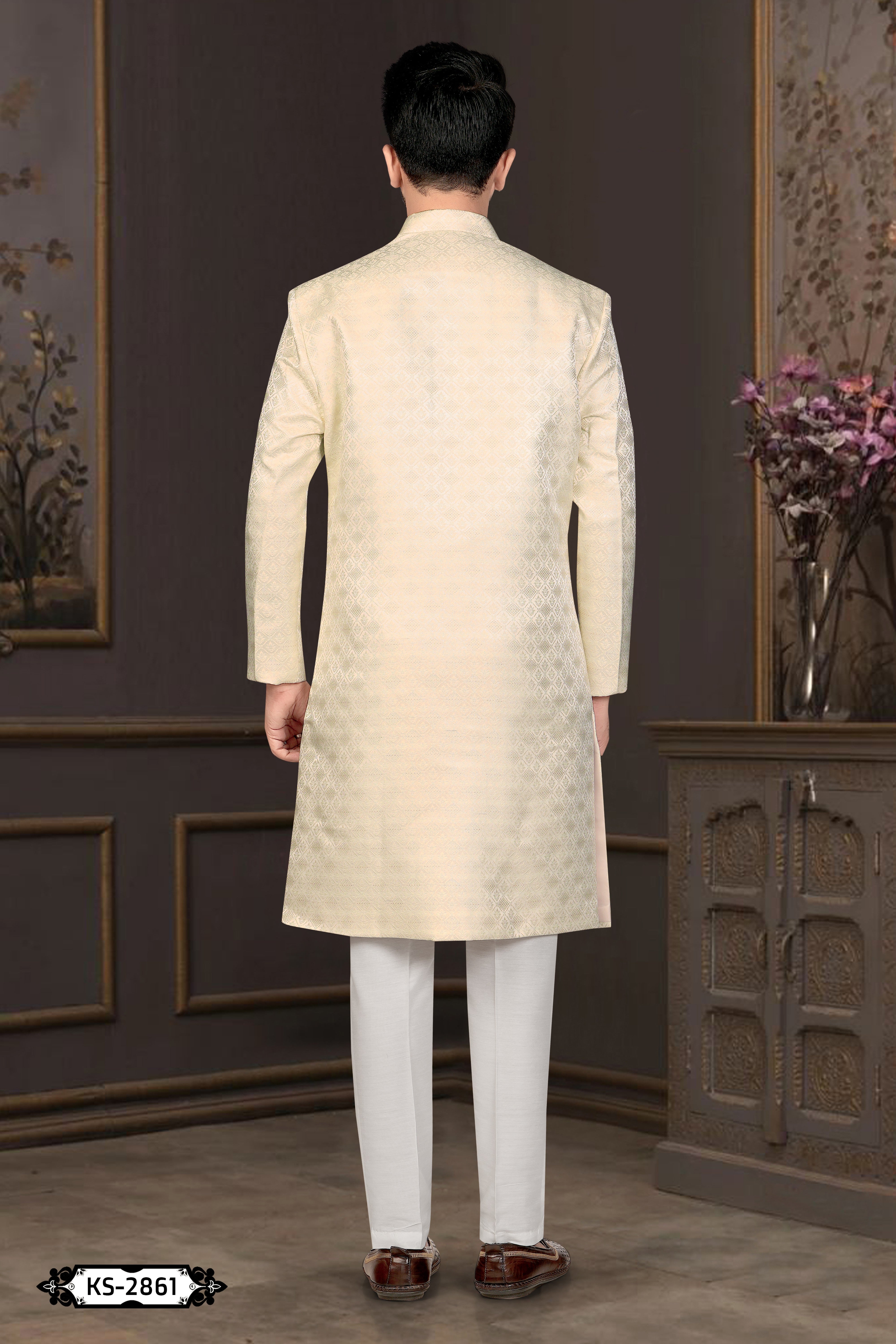 UNIQUE PATTERN CREAM TONE INDO-WESTERN SET WITH SELF-DESIGN