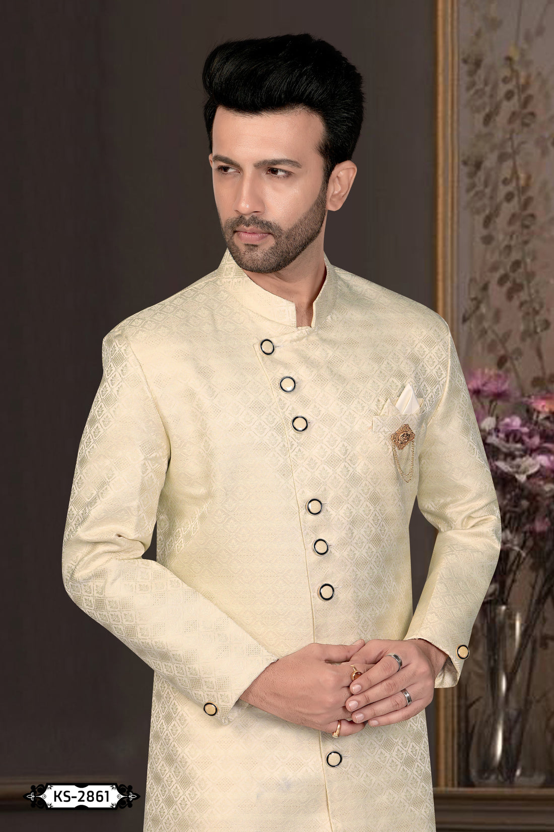 UNIQUE PATTERN CREAM TONE INDO-WESTERN SET WITH SELF-DESIGN