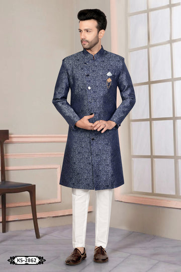 UNIQUE STYLE BLUE TONE INDO-WESTERN SET WITH SELF-DESIGN