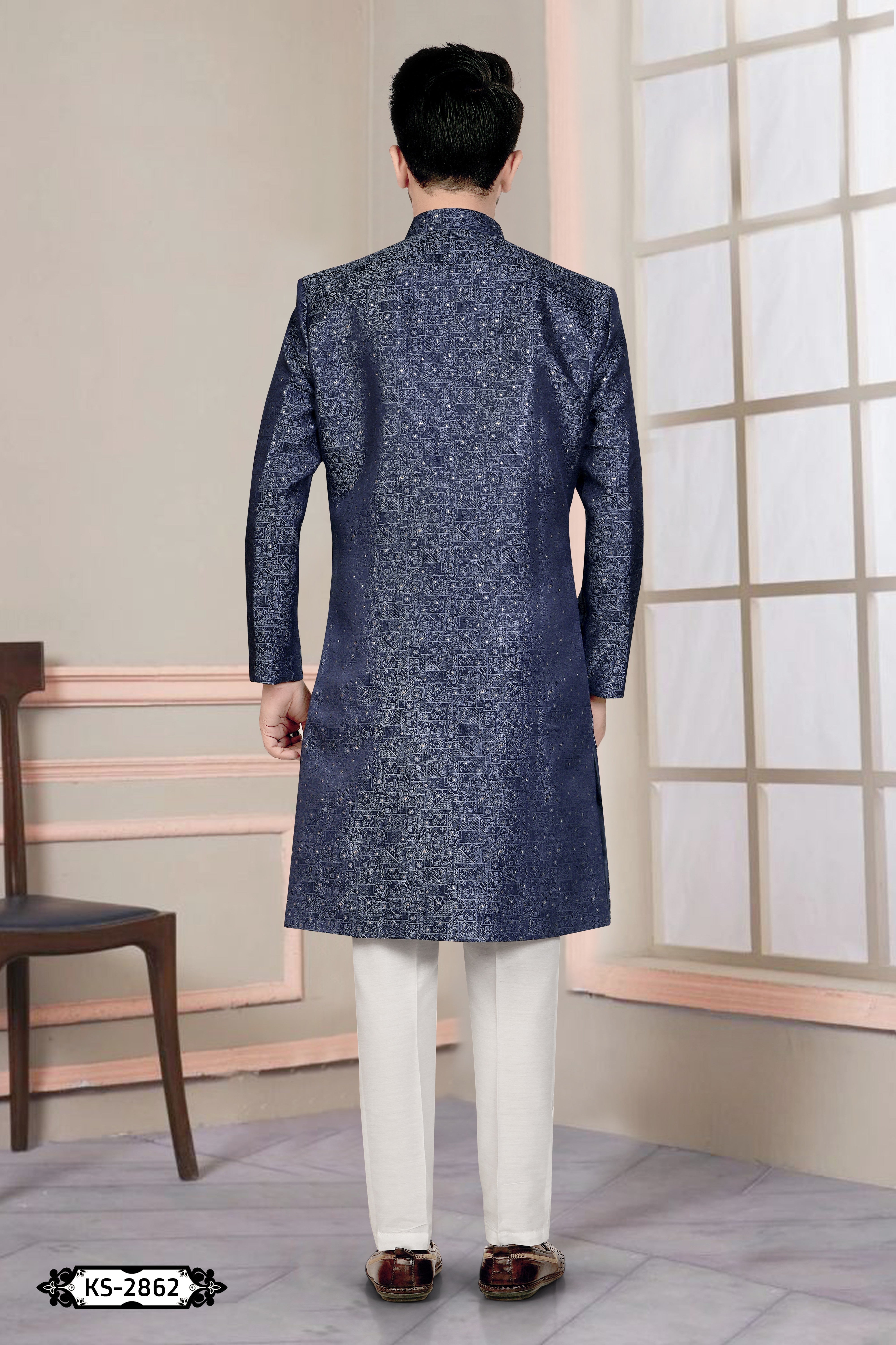 UNIQUE STYLE BLUE TONE INDO-WESTERN SET WITH SELF-DESIGN