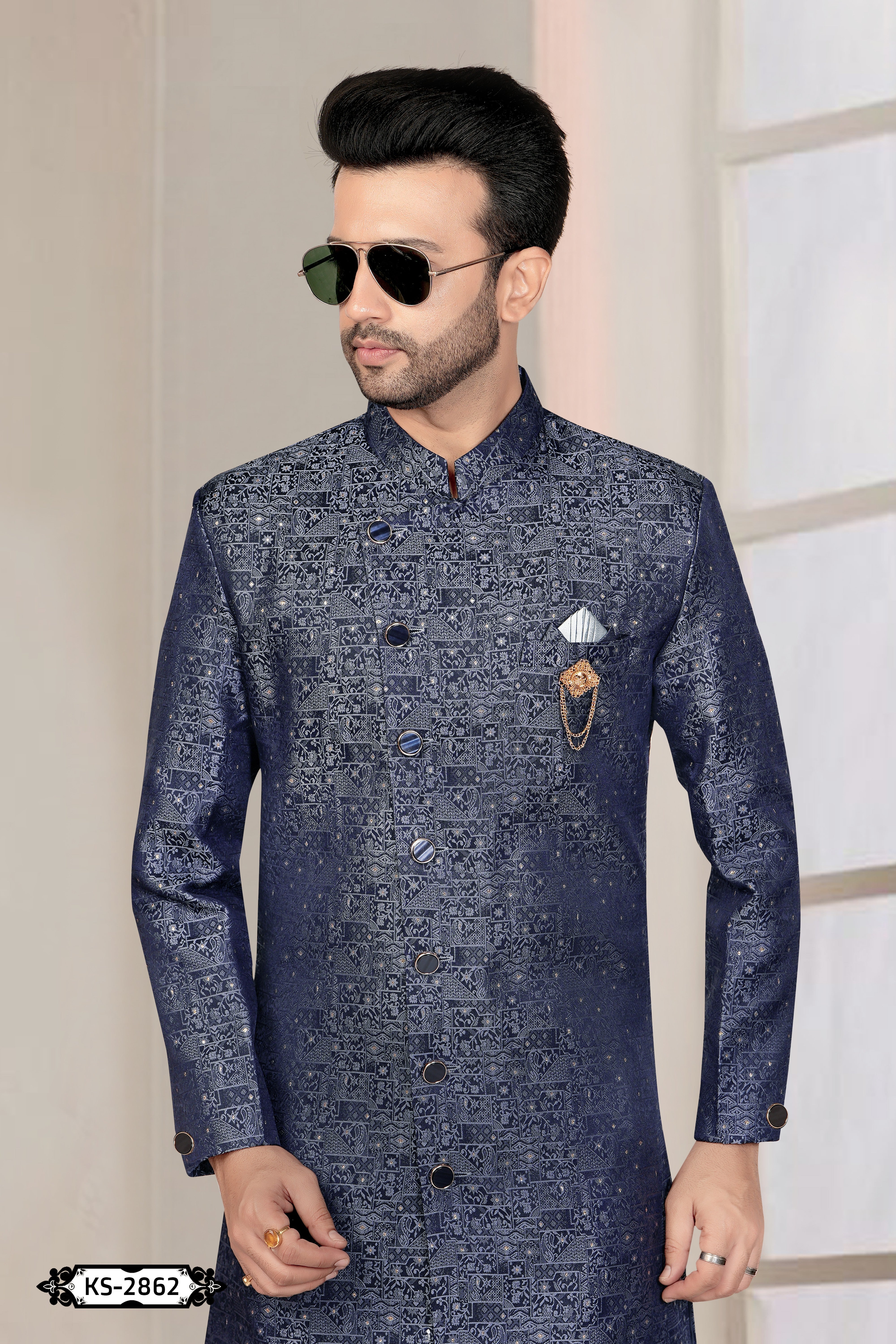 UNIQUE STYLE BLUE TONE INDO-WESTERN SET WITH SELF-DESIGN