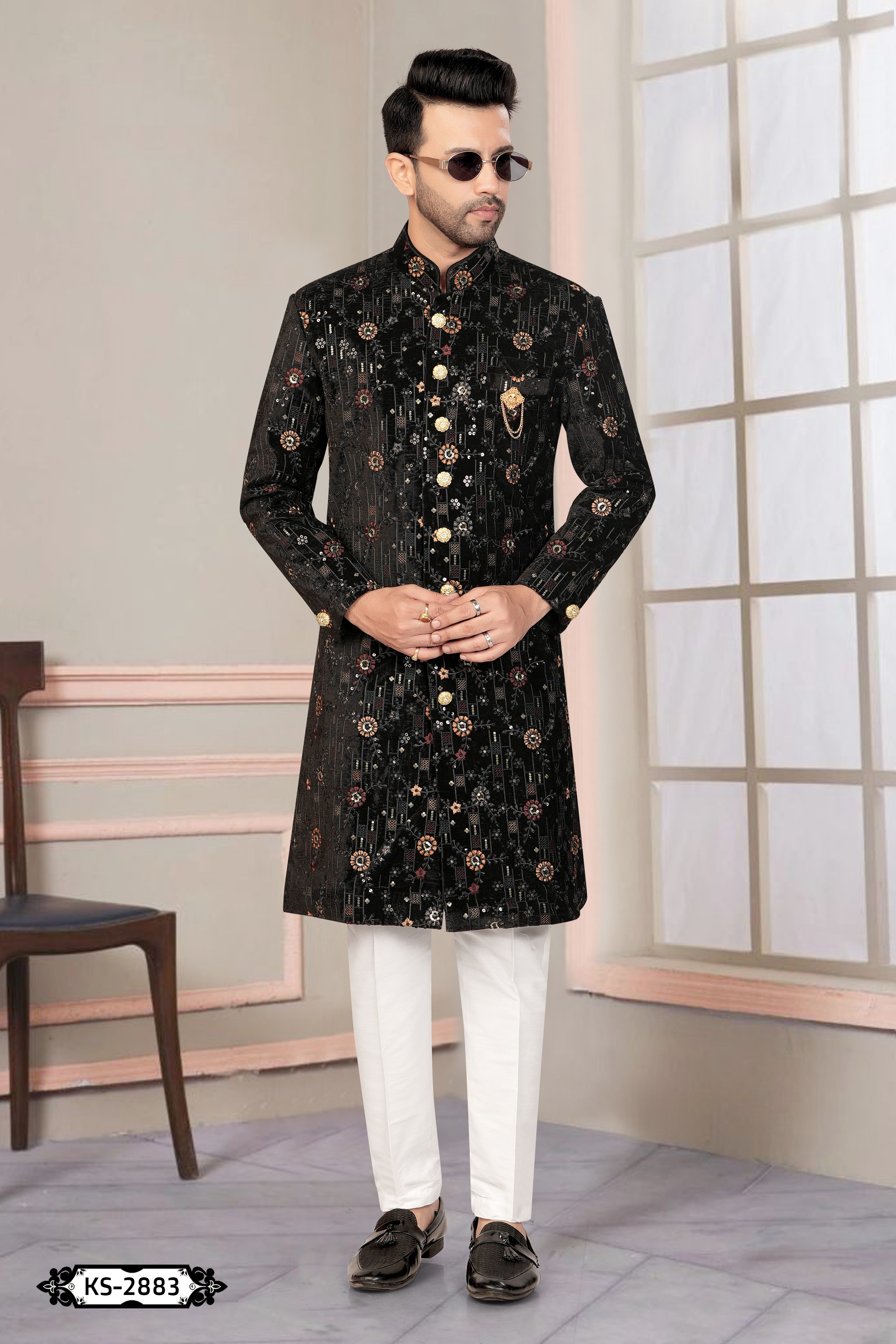 INDO-WESTERN SET IN BLACK ( MULTI-TONE ) WITH THREAD EMBROIDERY ALL-OVER