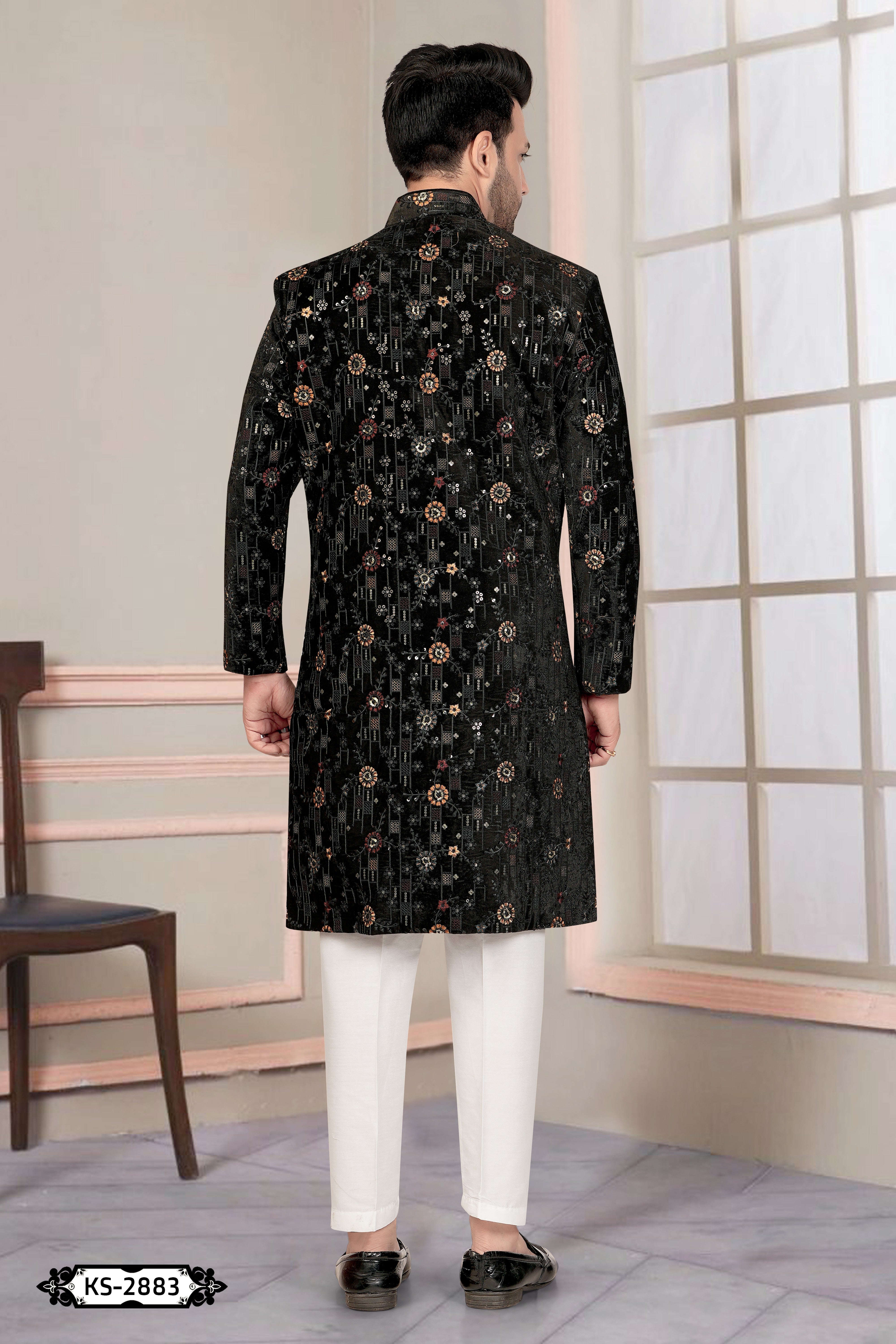 INDO-WESTERN SET IN BLACK ( MULTI-TONE ) WITH THREAD EMBROIDERY ALL-OVER