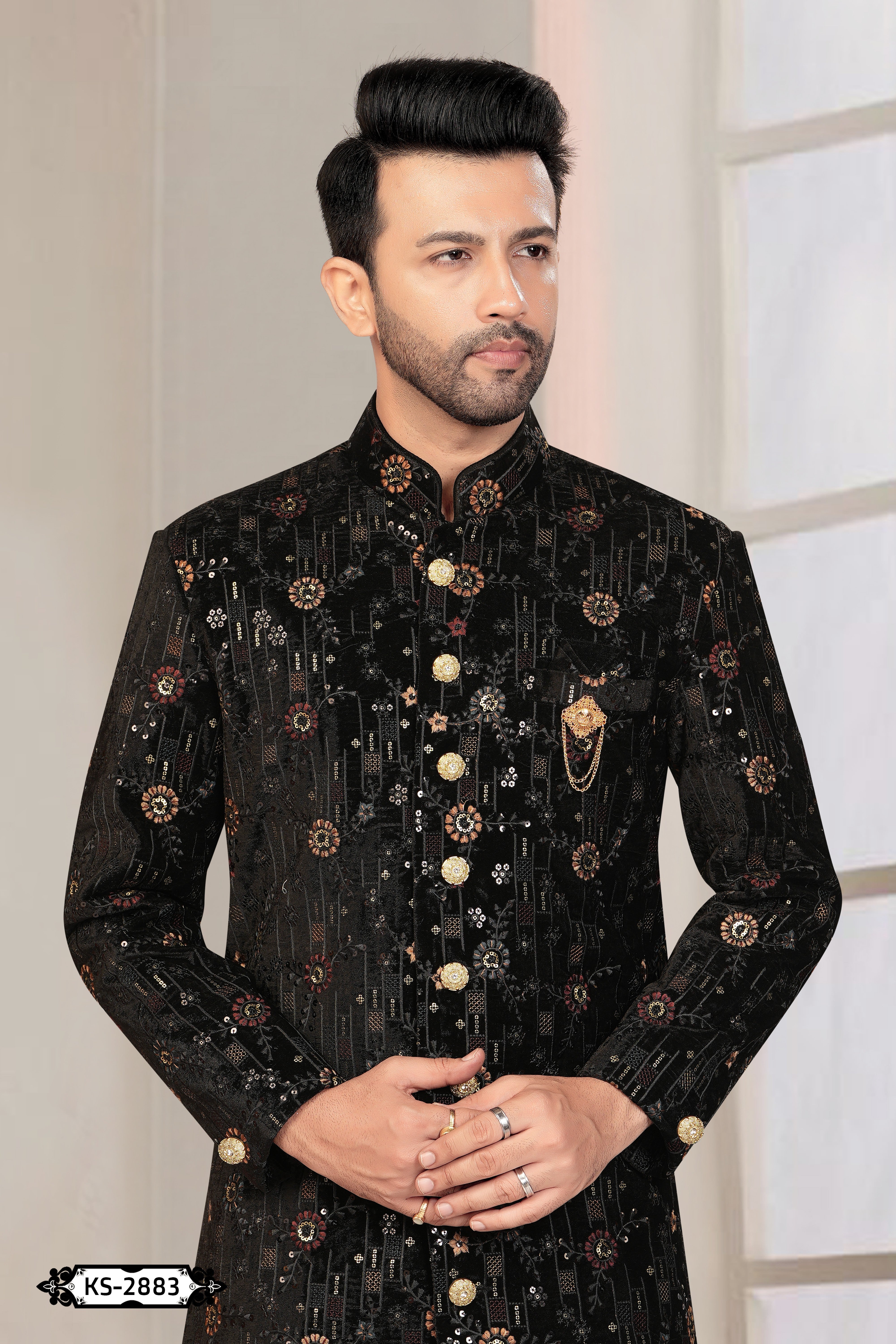 INDO-WESTERN SET IN BLACK ( MULTI-TONE ) WITH THREAD EMBROIDERY ALL-OVER