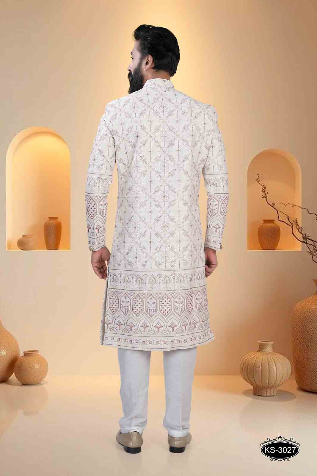 CREAM TONE SHERWANI SET WITH HEAVY EMBROIDERY PANEL FOR EVERY WEDDING OCCASIONS