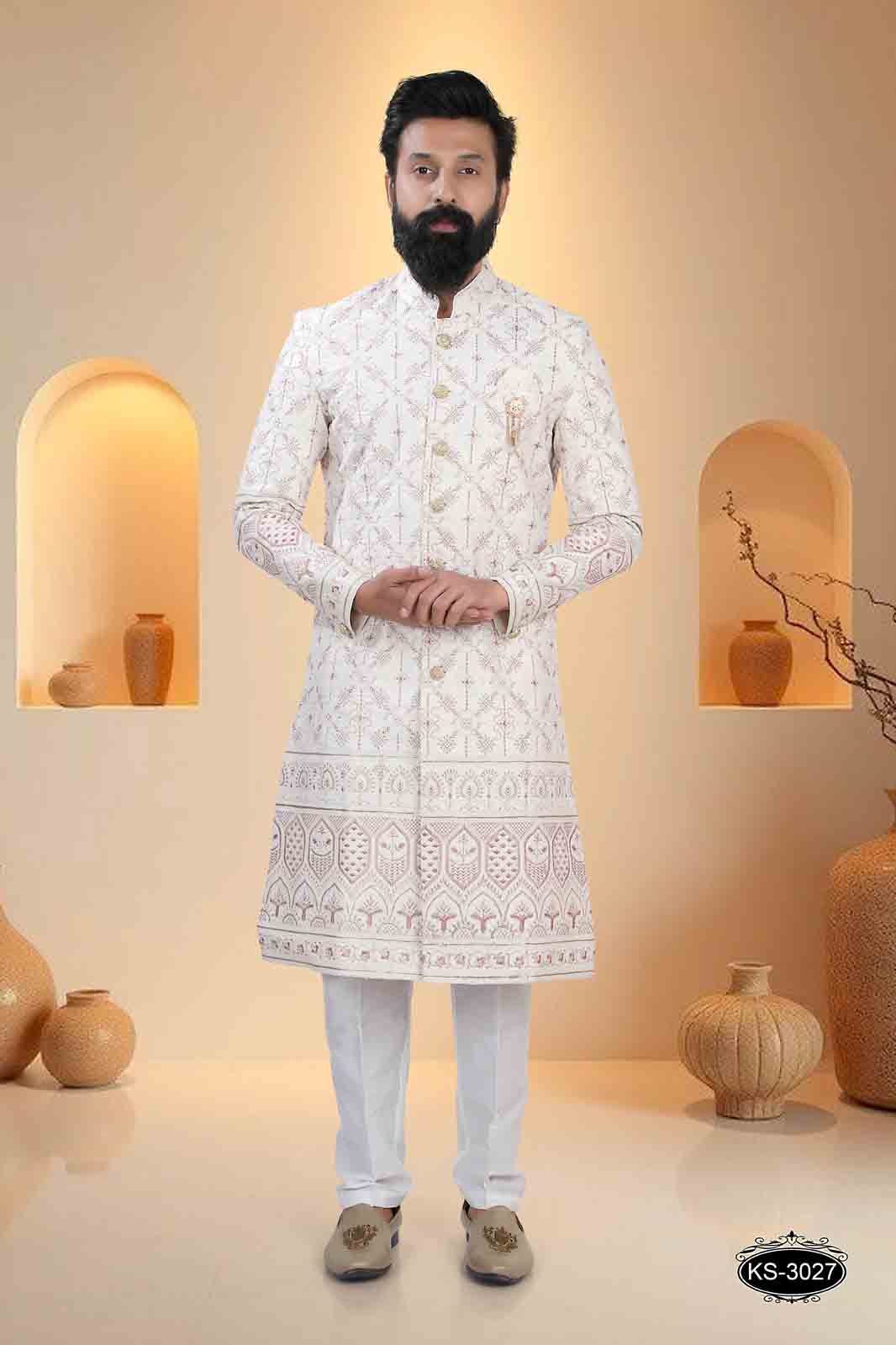 CREAM TONE SHERWANI SET WITH HEAVY EMBROIDERY PANEL FOR EVERY WEDDING OCCASIONS