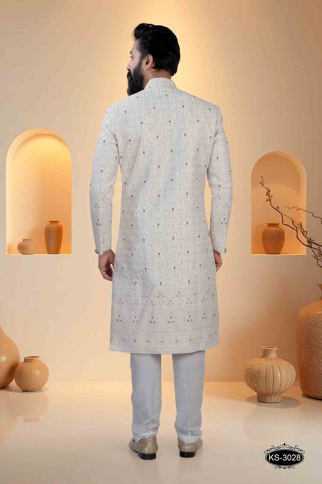 CREAM TONE SHERWANI SET WITH HEAVY EMBROIDERY PANEL FOR EVERY WEDDING OCCASIONS