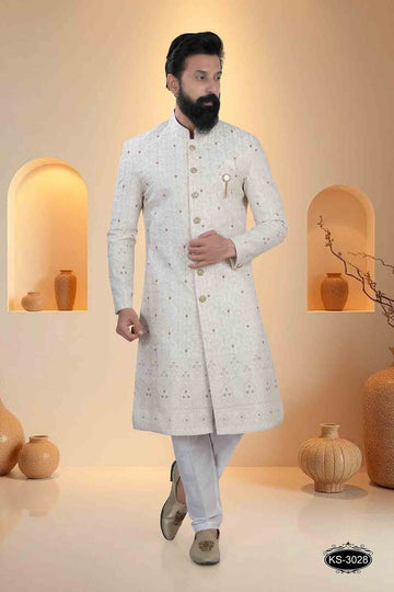 CREAM TONE SHERWANI SET WITH HEAVY EMBROIDERY PANEL FOR EVERY WEDDING OCCASIONS