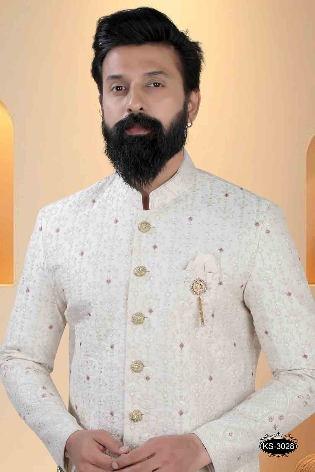 CREAM TONE SHERWANI SET WITH HEAVY EMBROIDERY PANEL FOR EVERY WEDDING OCCASIONS