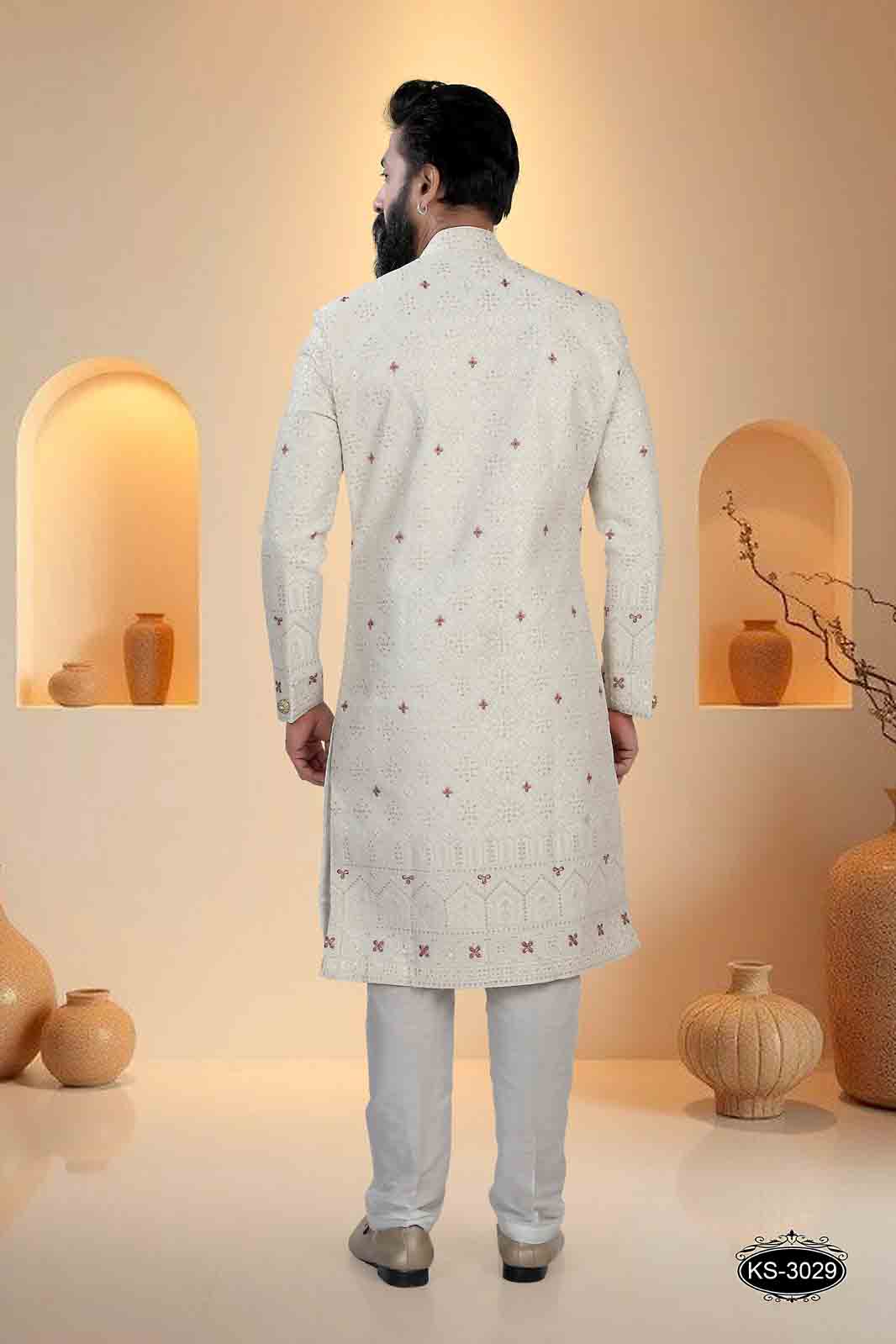 CREAM TONE SHERWANI SET WITH HEAVY EMBROIDERY PANEL FOR EVERY WEDDING OCCASIONS