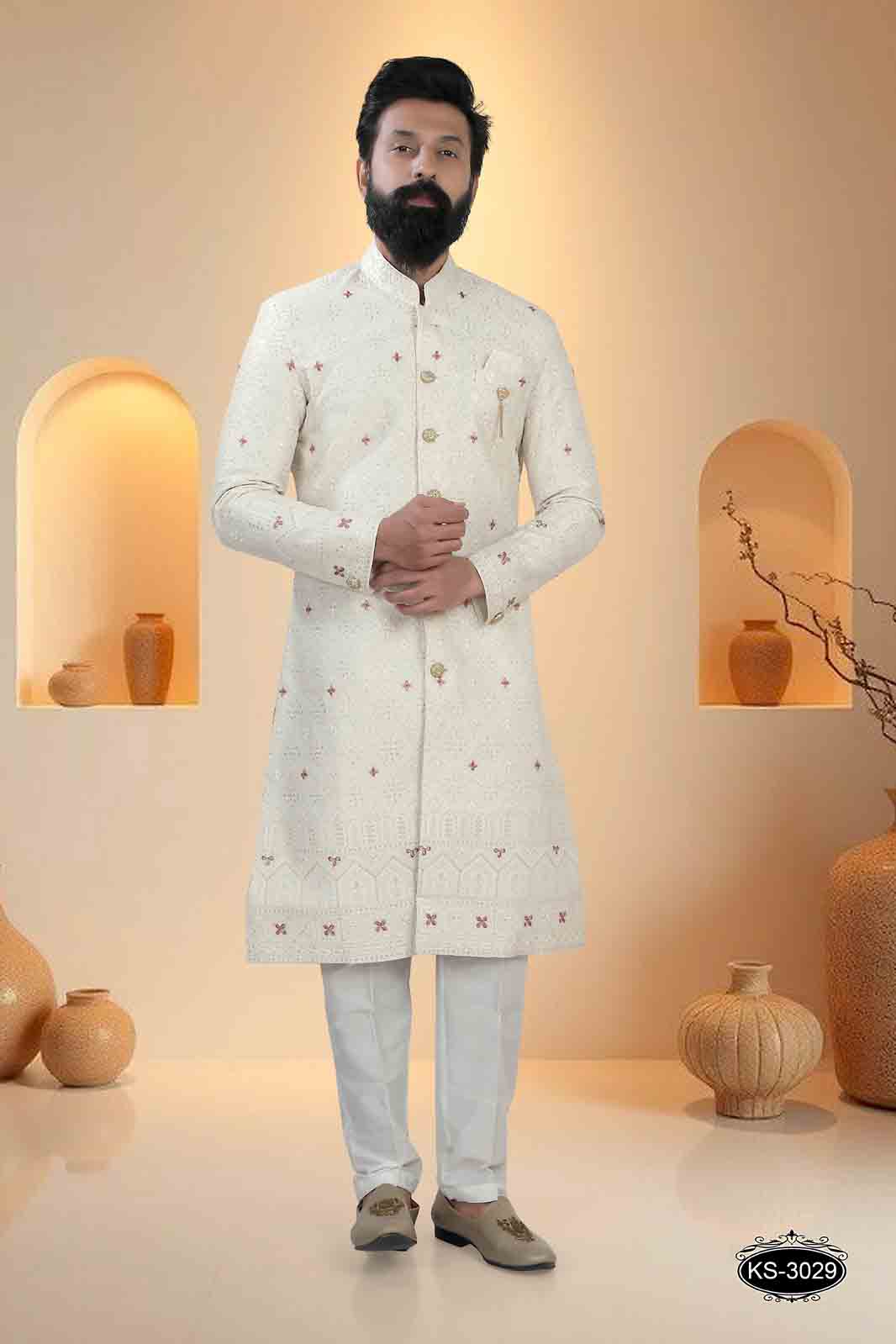 CREAM TONE SHERWANI SET WITH HEAVY EMBROIDERY PANEL FOR EVERY WEDDING OCCASIONS