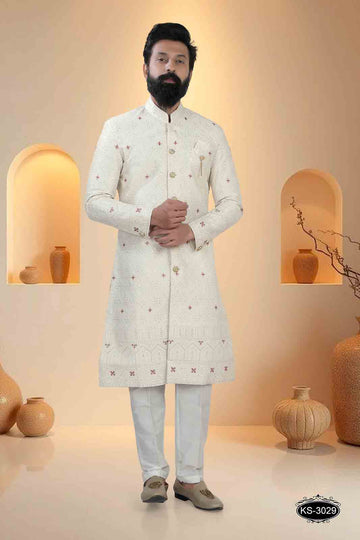 CREAM TONE SHERWANI SET WITH HEAVY EMBROIDERY PANEL FOR EVERY WEDDING OCCASIONS