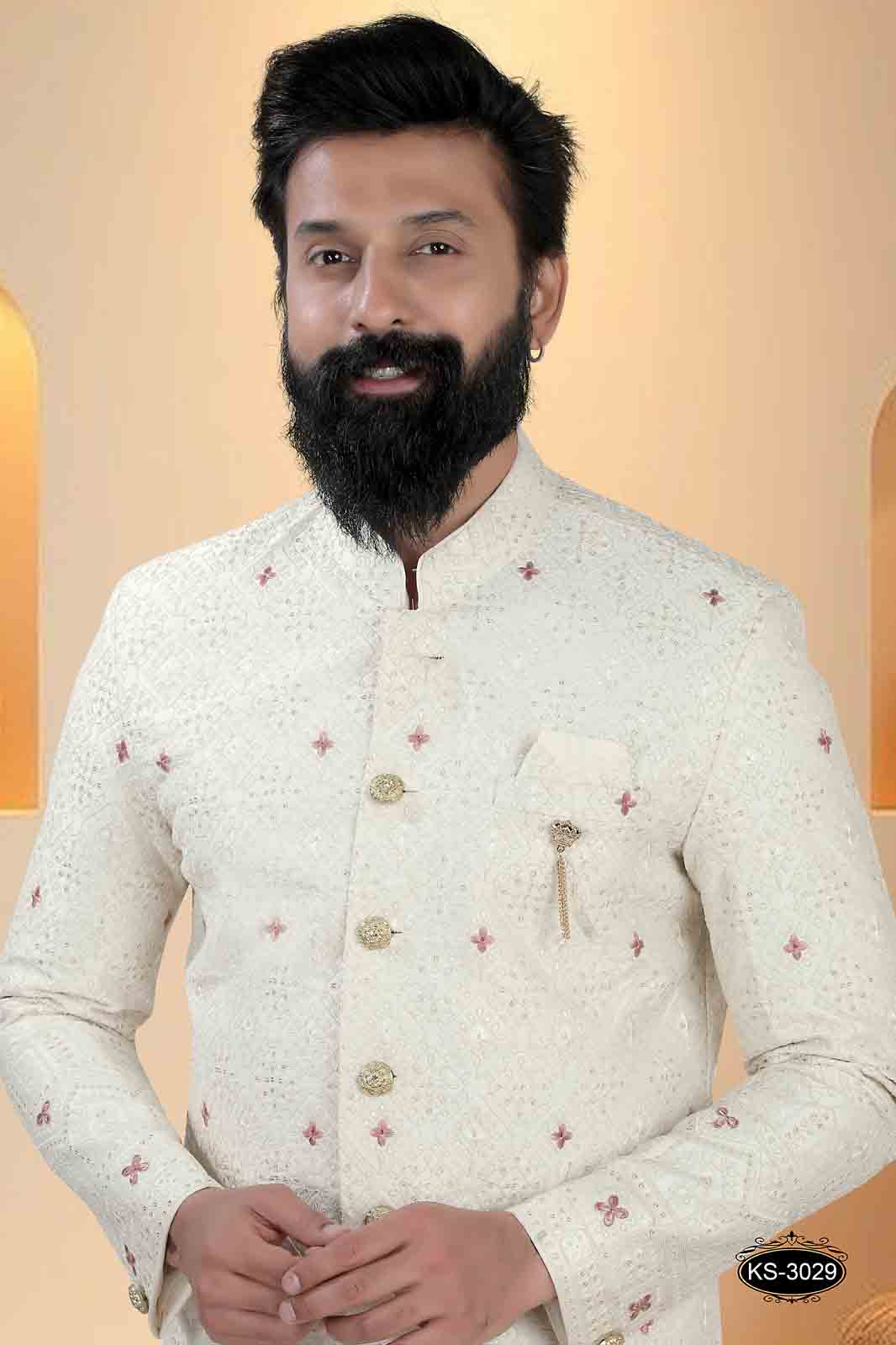 CREAM TONE SHERWANI SET WITH HEAVY EMBROIDERY PANEL FOR EVERY WEDDING OCCASIONS