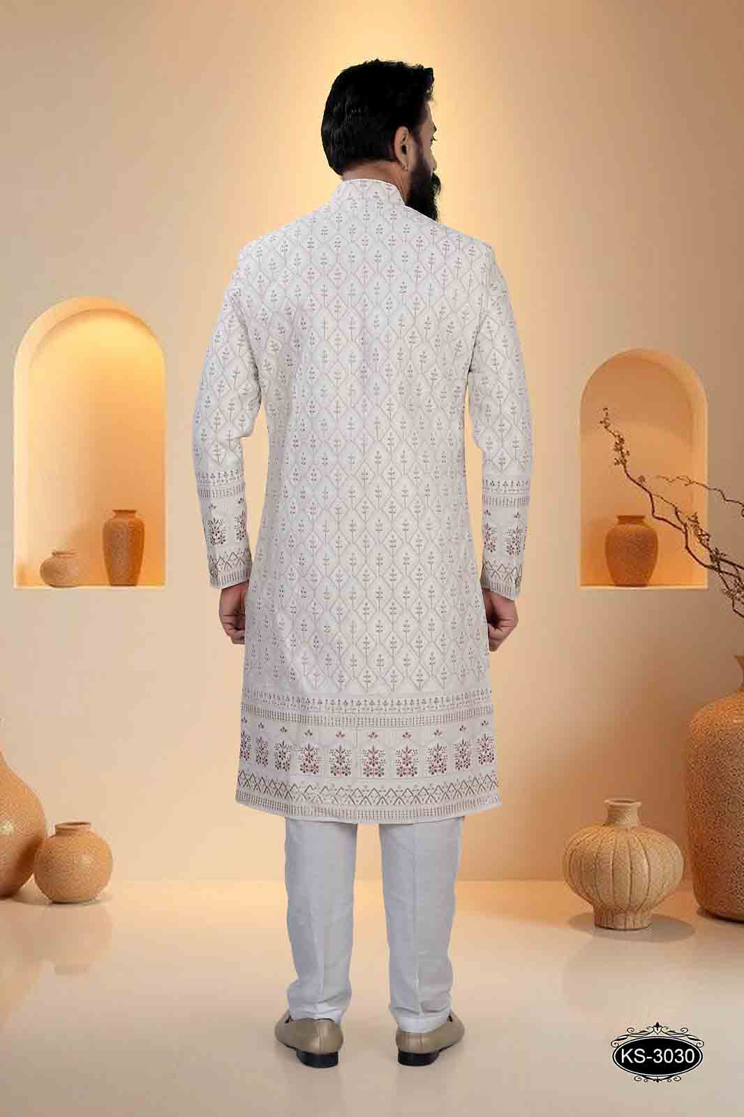 CREAM TONE SHERWANI SET WITH HEAVY EMBROIDERY PANEL FOR EVERY WEDDING OCCASIONS
