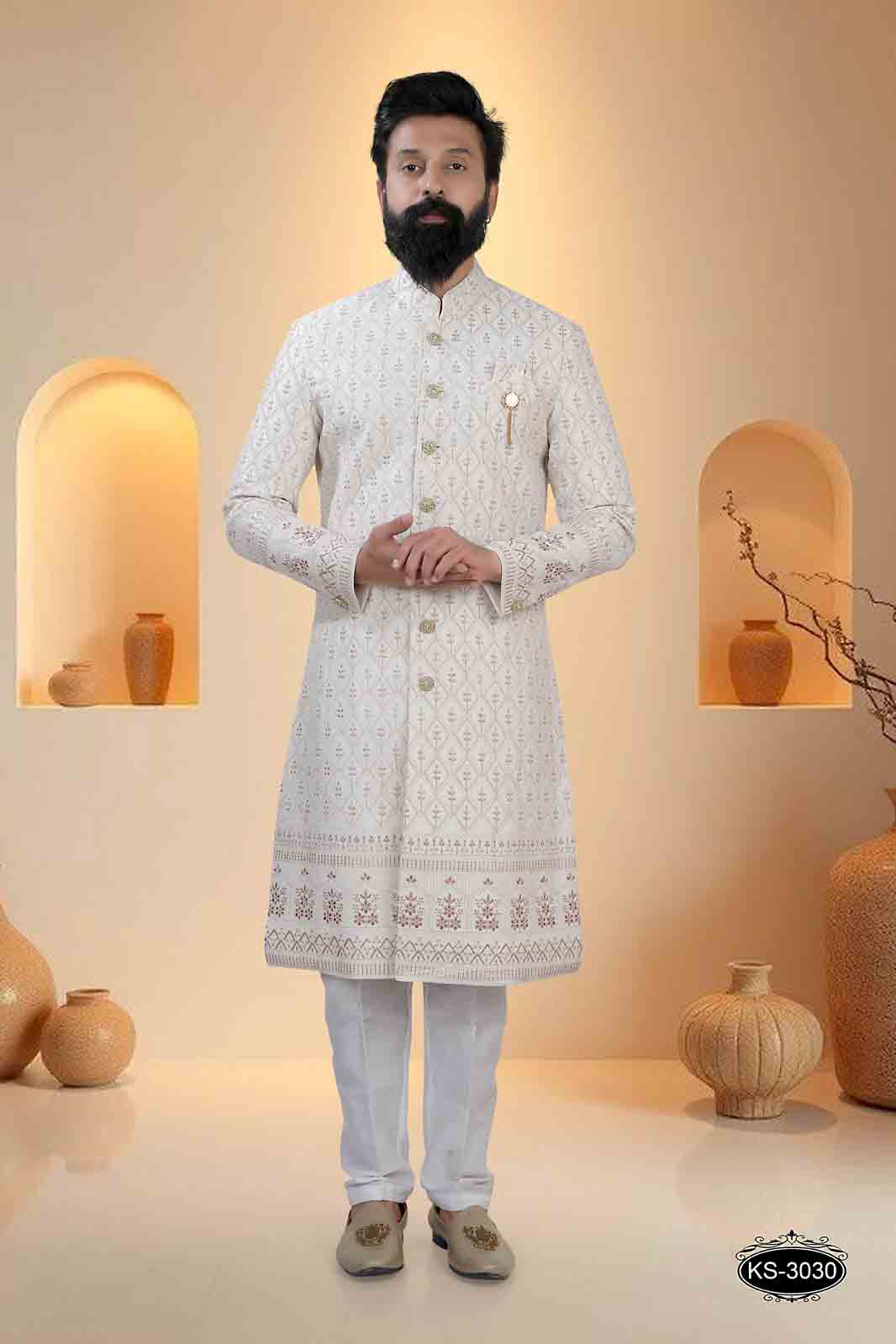 CREAM TONE SHERWANI SET WITH HEAVY EMBROIDERY PANEL FOR EVERY WEDDING OCCASIONS
