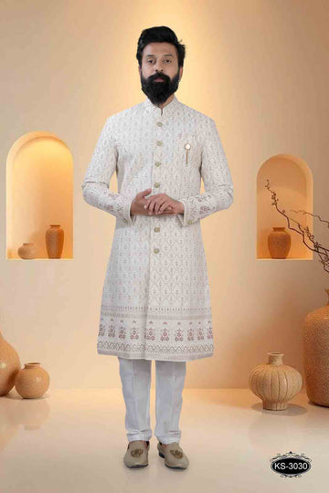 CREAM TONE SHERWANI SET WITH HEAVY EMBROIDERY PANEL FOR EVERY WEDDING OCCASIONS