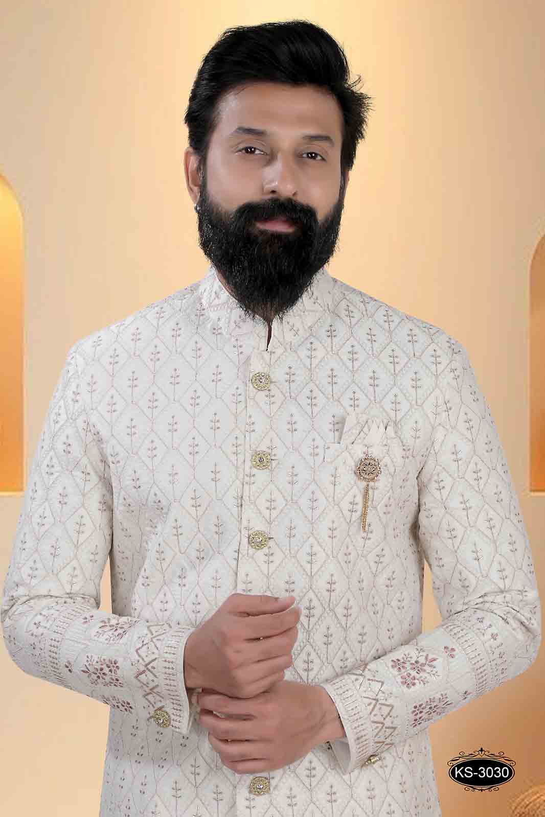 CREAM TONE SHERWANI SET WITH HEAVY EMBROIDERY PANEL FOR EVERY WEDDING OCCASIONS