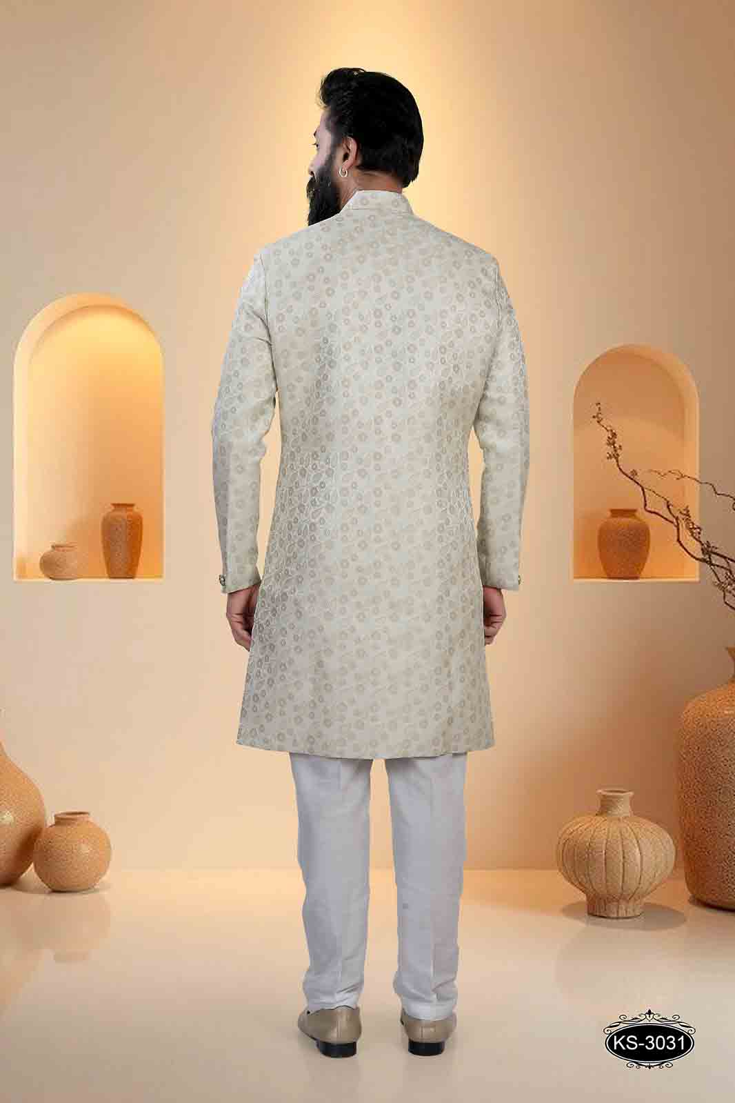 INDO-WESTERN SET IN OFF-WHITE BASE (ORANGE ) IN UNIQUE PATTERN