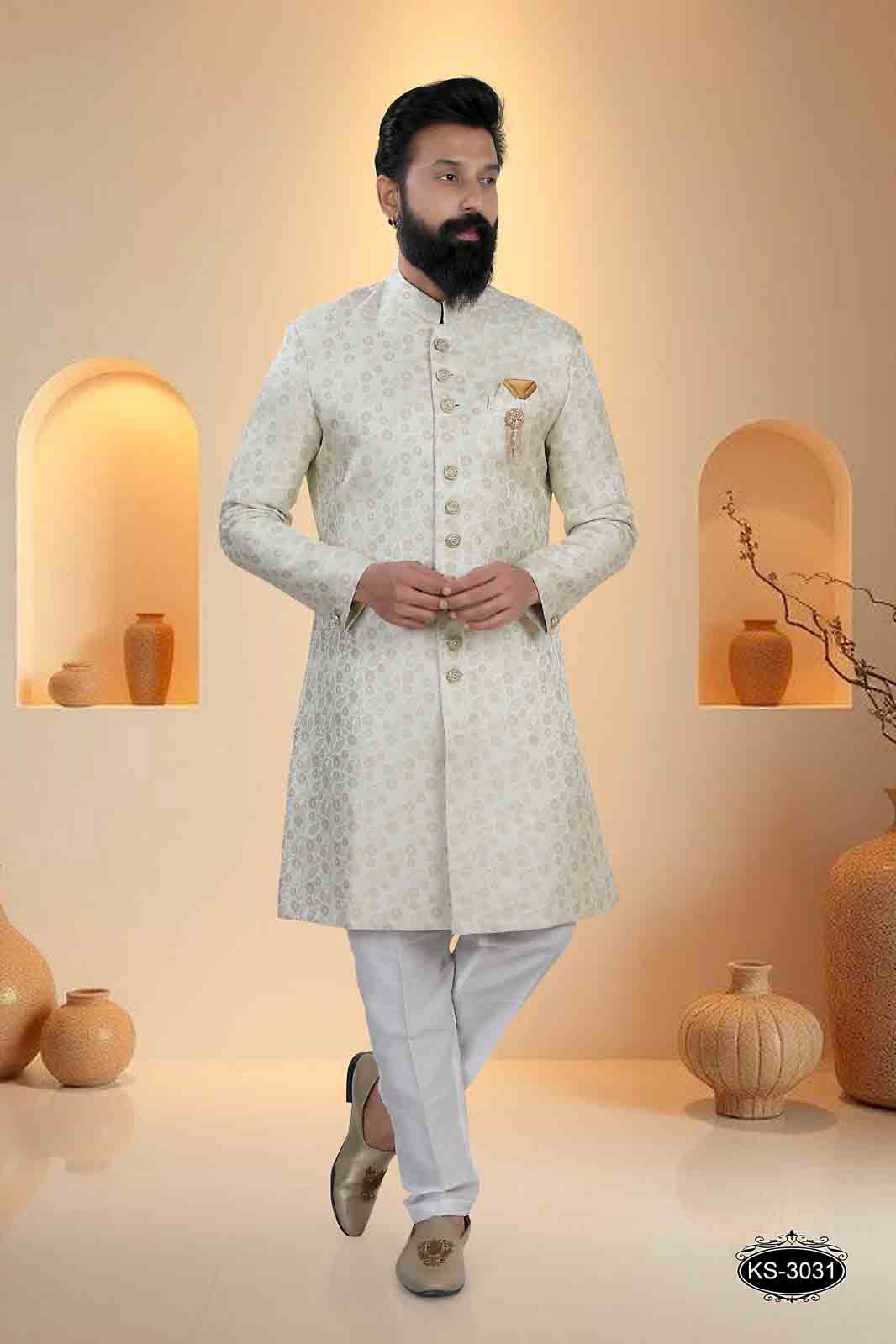 INDO-WESTERN SET IN OFF-WHITE BASE (ORANGE ) IN UNIQUE PATTERN