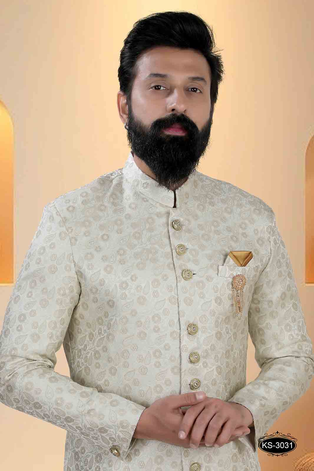 INDO-WESTERN SET IN OFF-WHITE BASE (ORANGE ) IN UNIQUE PATTERN