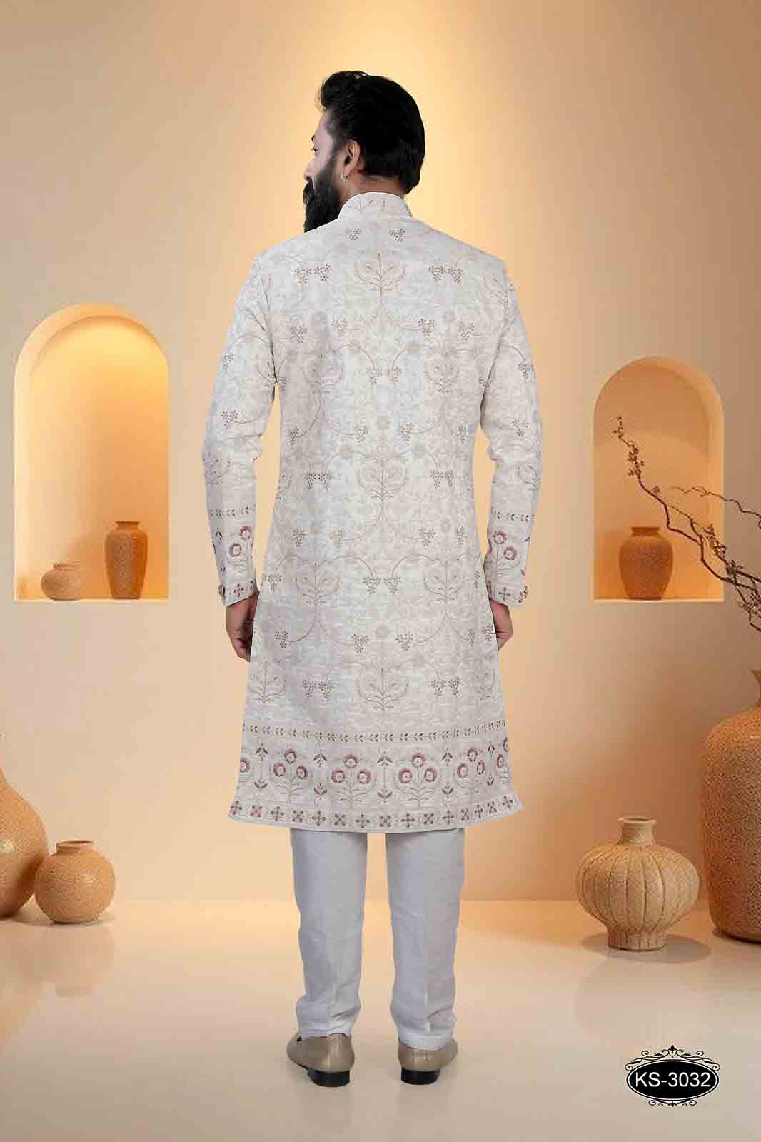 CREAM BASE SHERWANI SET WITH HEAVY EMBROIDERY PANEL FOR EVERY WEDDING OCCASIONS