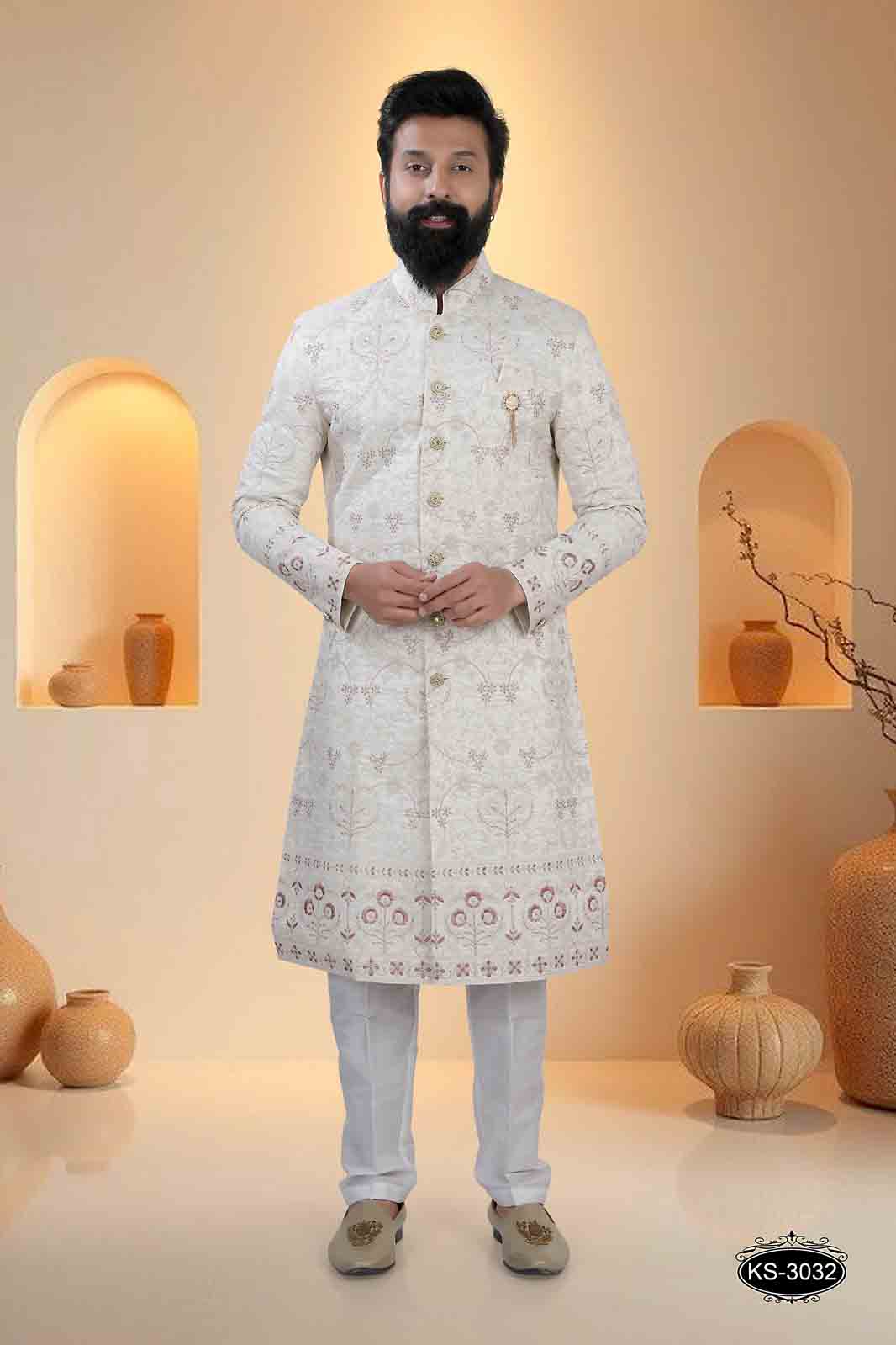 CREAM BASE SHERWANI SET WITH HEAVY EMBROIDERY PANEL FOR EVERY WEDDING OCCASIONS