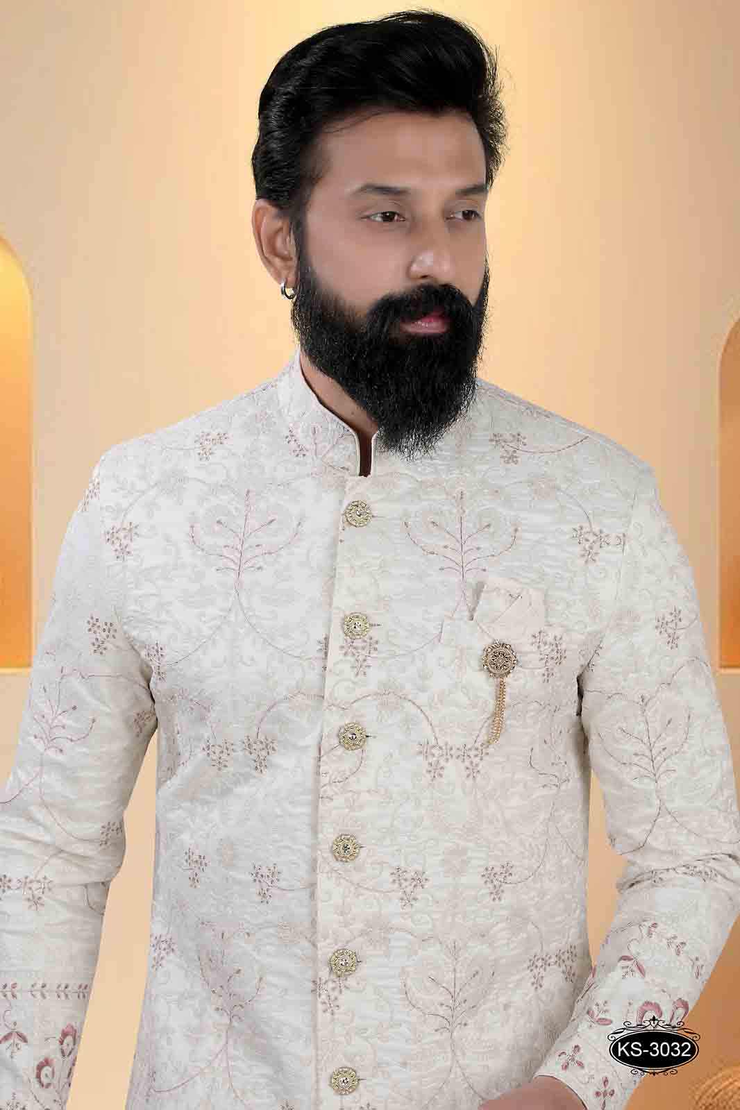 CREAM BASE SHERWANI SET WITH HEAVY EMBROIDERY PANEL FOR EVERY WEDDING OCCASIONS