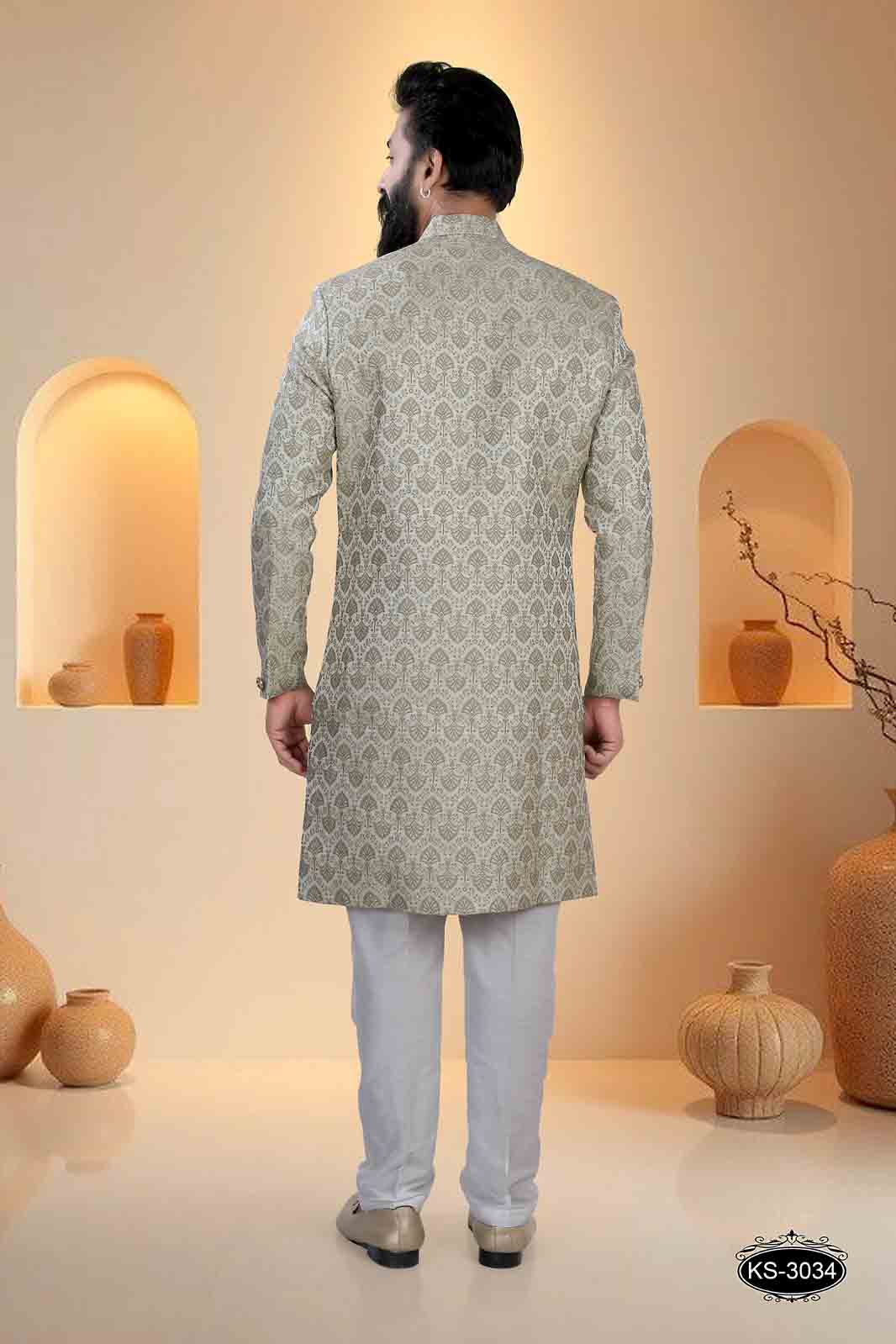 INDO-WESTERN SET IN CREAM BASE ( GREEN ) IN UNIQUE PATTERN