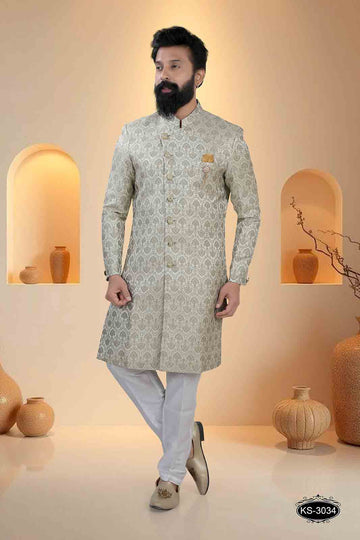 INDO-WESTERN SET IN CREAM BASE ( GREEN ) IN UNIQUE PATTERN