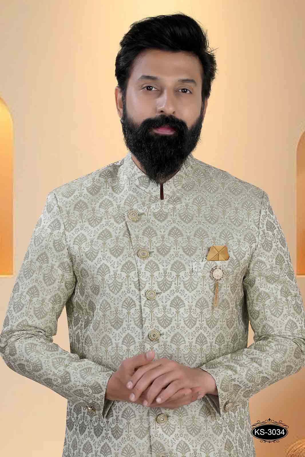 INDO-WESTERN SET IN CREAM BASE ( GREEN ) IN UNIQUE PATTERN