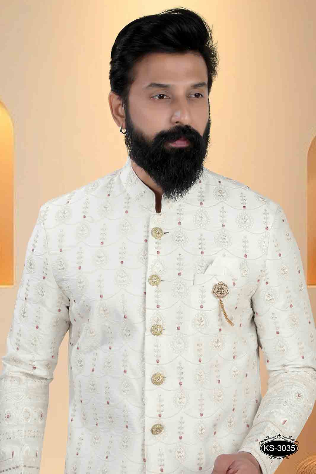 WHITE BASE SHERWANI SET WITH HEAVY EMBROIDERY PANEL FOR EVERY WEDDING OCCASIONS